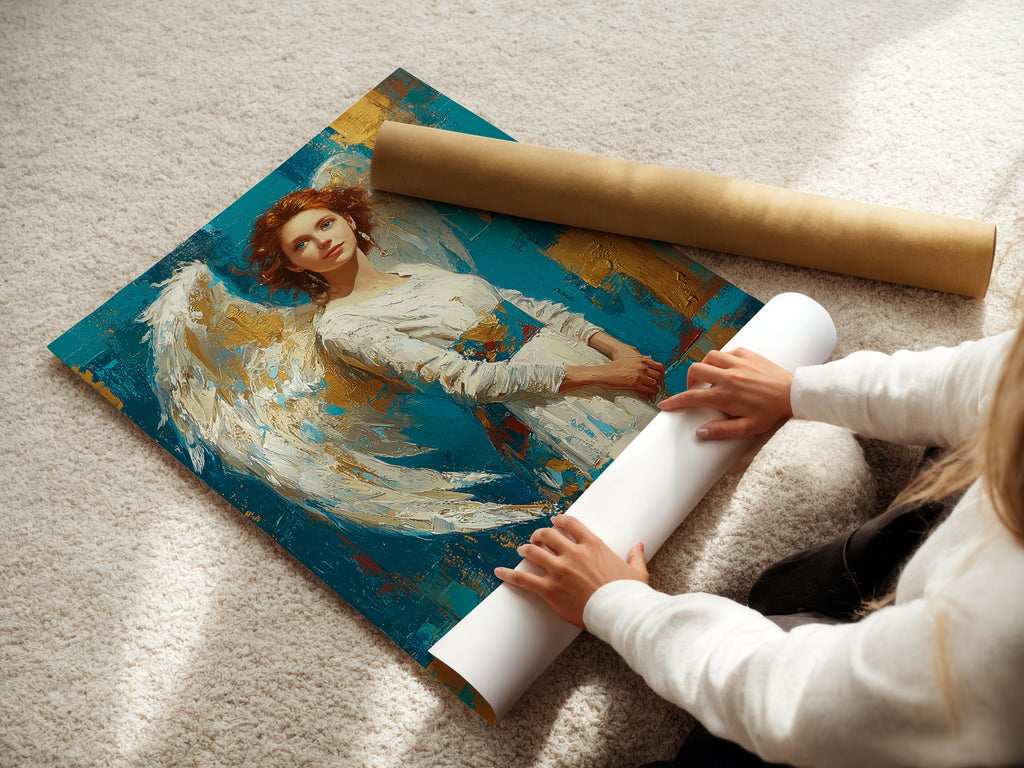 A woman is carefully rolling a fine art poster paper. This highlights the care and quality. Our fine art poster paper ensures your art prints are preserved beautifully. Experience the premium quality of our fine art poster paper.