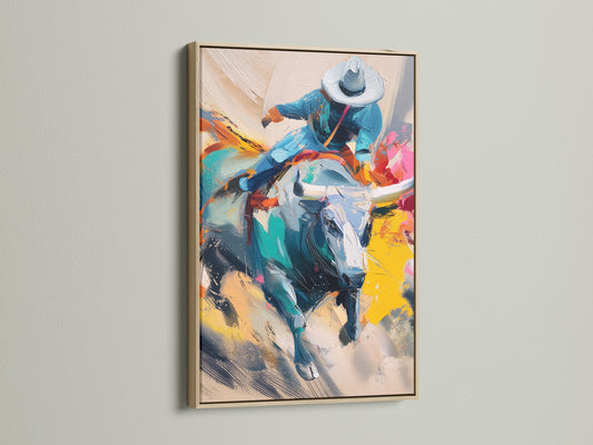 Elevate your space with cowboy rodeo canvas art in an oak frame. This western wall art showcases a bull rider print. Perfect for western home decor or man cave art. A timeless piece of cowboy artwork.