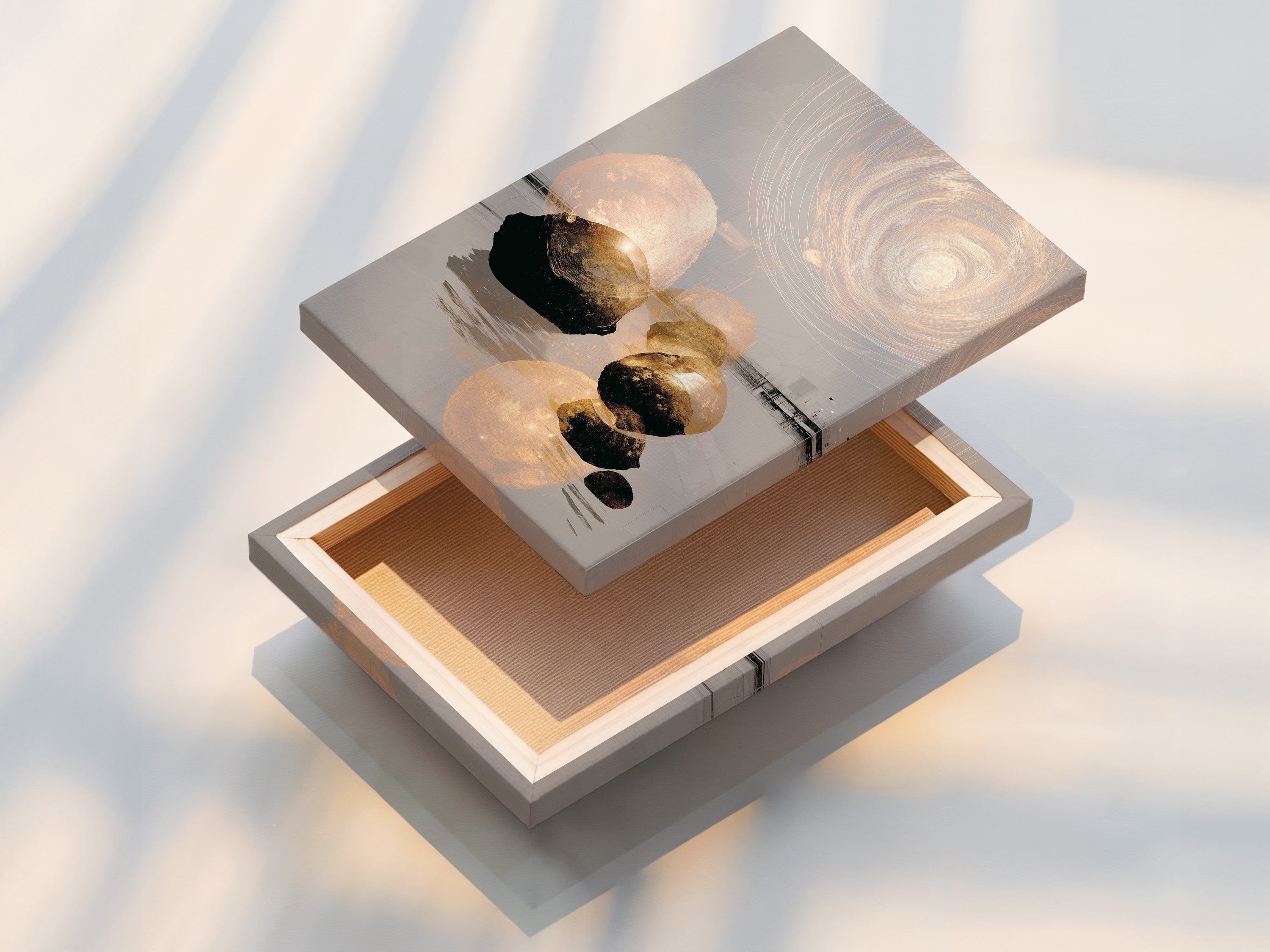 A stretched canvas print of the Abstract Zen artwork. The artwork is ready to hang and enjoy. The balanced stone art and neutral tones create a serene atmosphere. Perfect for living rooms bedrooms or offices. Discover our range of contemporary art.