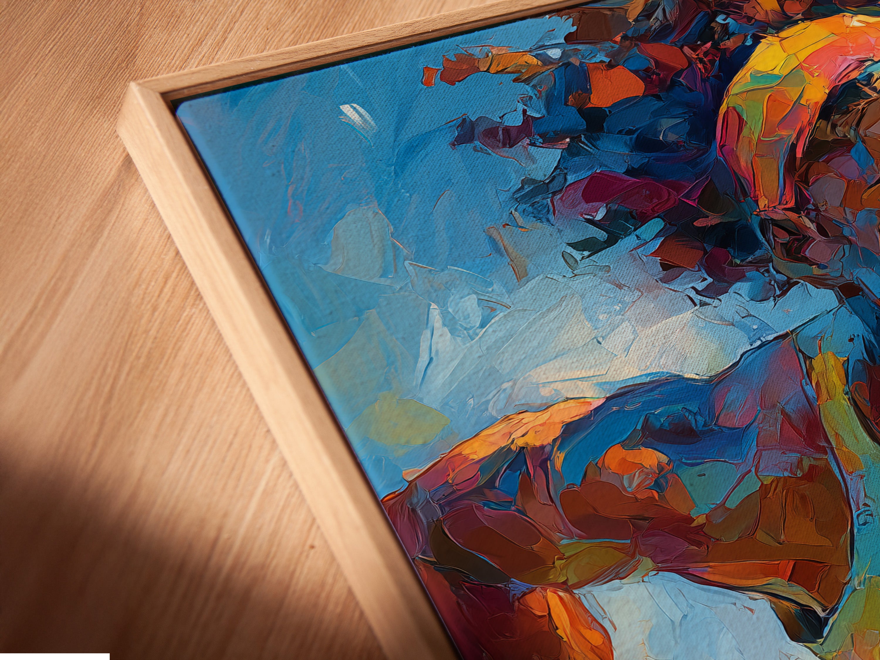 A close-up angled view of the canvas print in a floating frame. The female boxer artwork appears to float. This enhances its contemporary style. A unique way to display your sports wall art. Perfect for adding depth and dimension to your decor.