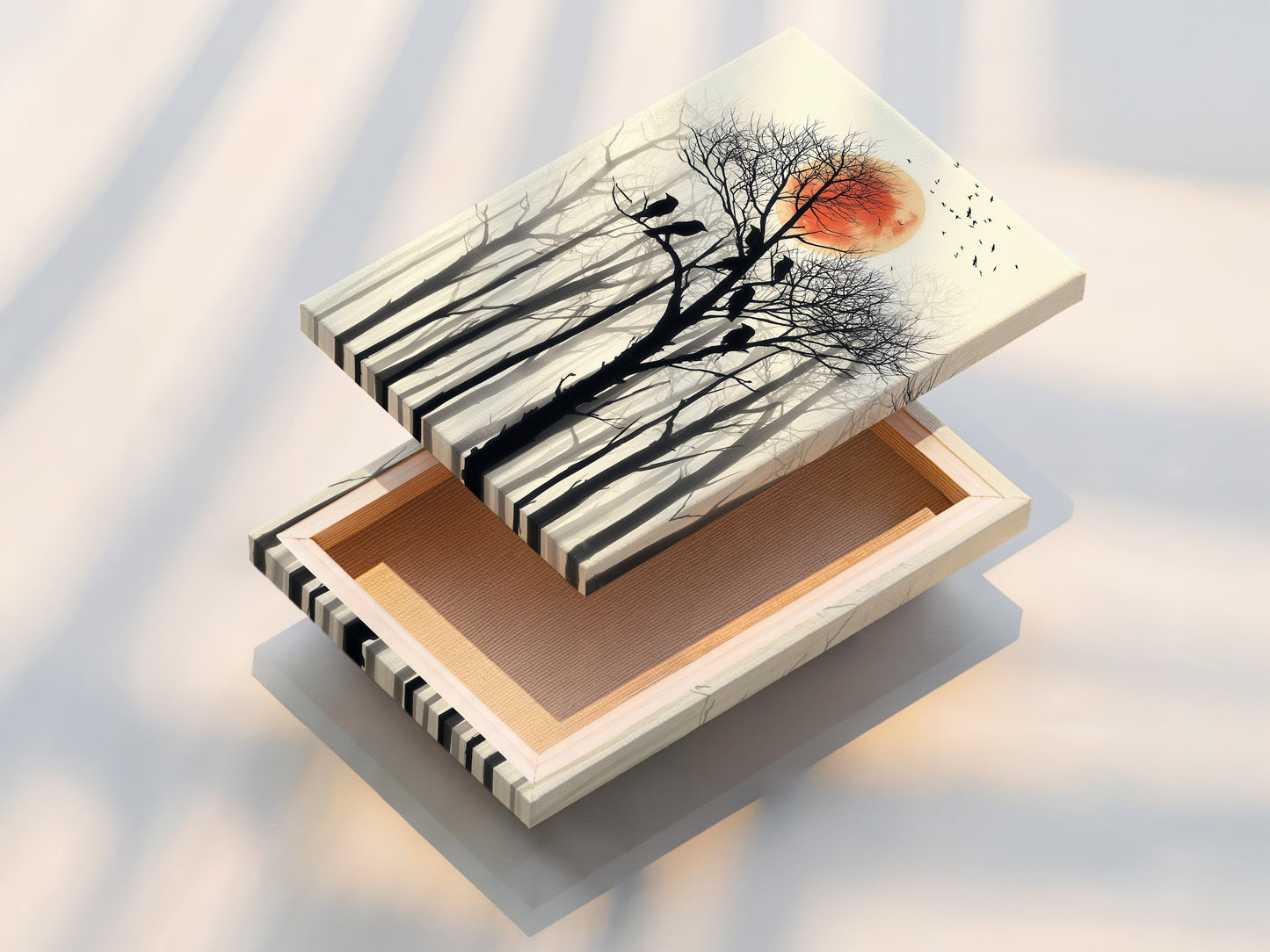 This is a stretched canvas print of birds on a tree. It features a red sun and a forest silhouette. This minimalist art is great for adding a touch of nature to any space. Consider this sunset canvas.