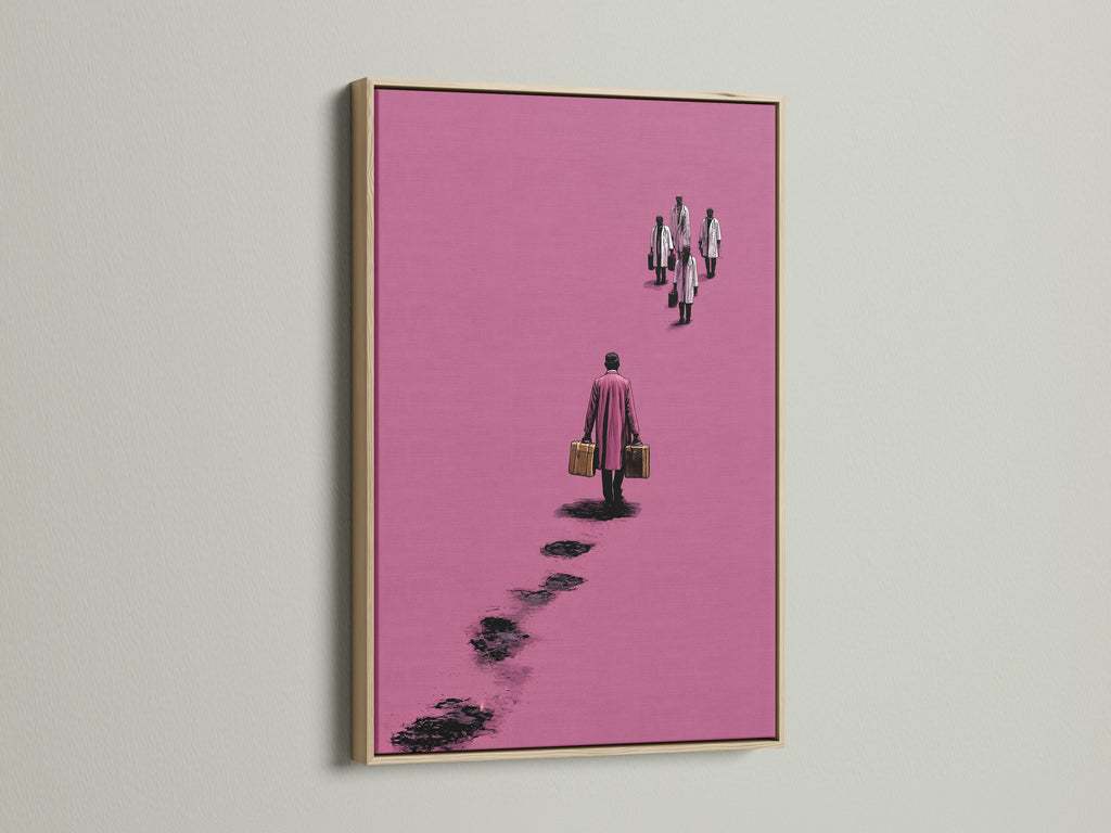 Surreal pink artwork in an oak frame. The art features a figure walking away with suitcases. This minimalist canvas print adds a contemporary touch to any office decor. It's a modern abstract poster. The artwork complements modern styles.