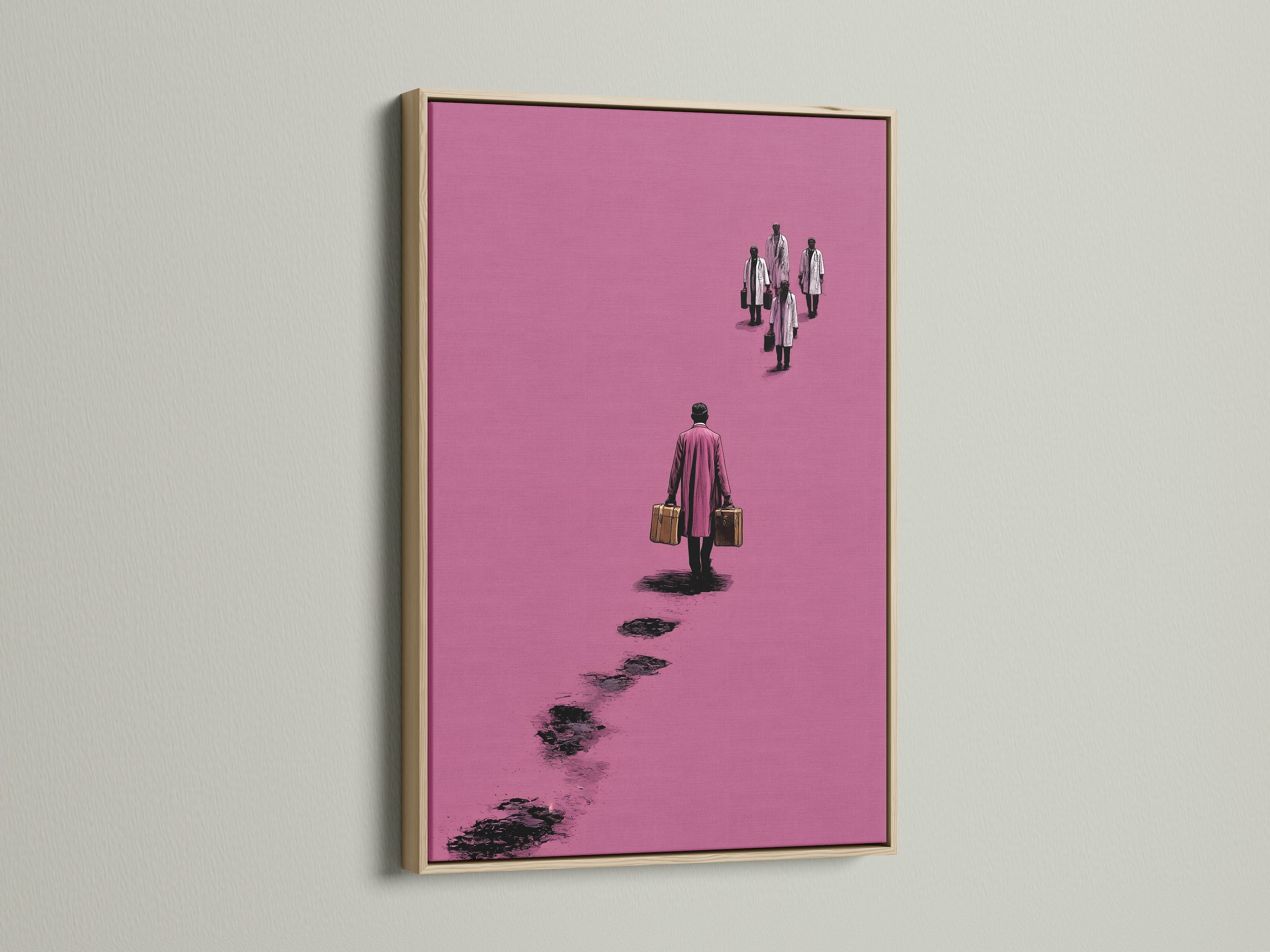 Surreal pink artwork in an oak frame. The art features a figure walking away with suitcases. This minimalist canvas print adds a contemporary touch to any office decor. It's a modern abstract poster. The artwork complements modern styles.