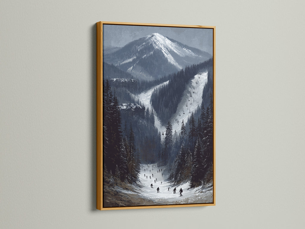 Ski resort mountain canvas print in a gold frame. This alpine winter landscape artwork adds elegance to your space. The snow covered peaks evoke the spirit of a ski slope. Enhance your cabin wall decor with this art.