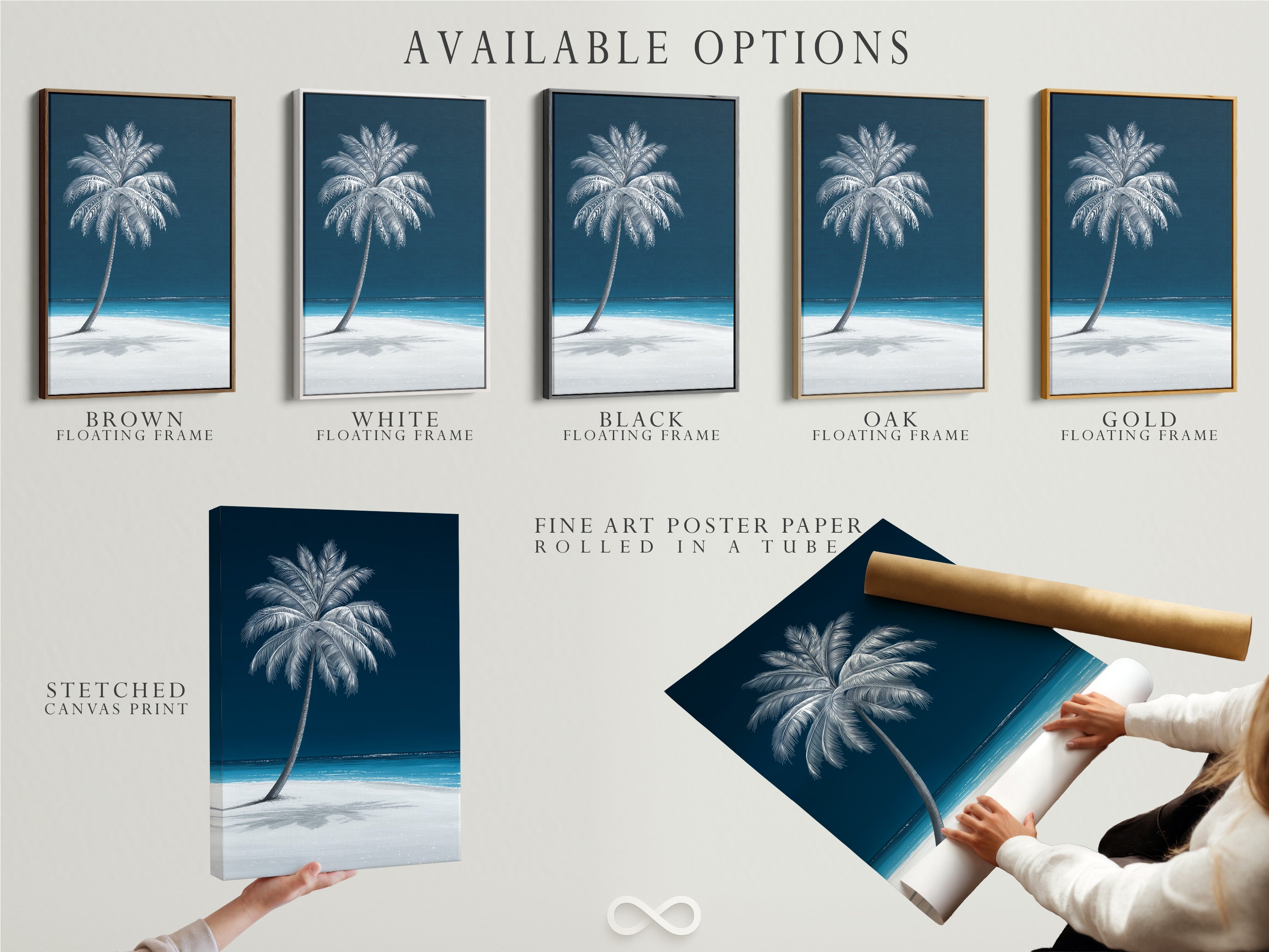 Available options include a stretched canvas print a fine art poster paper and a floating frame. Choose your preferred format for the tropical palm tree artwork. Navy blue beach canvas print.