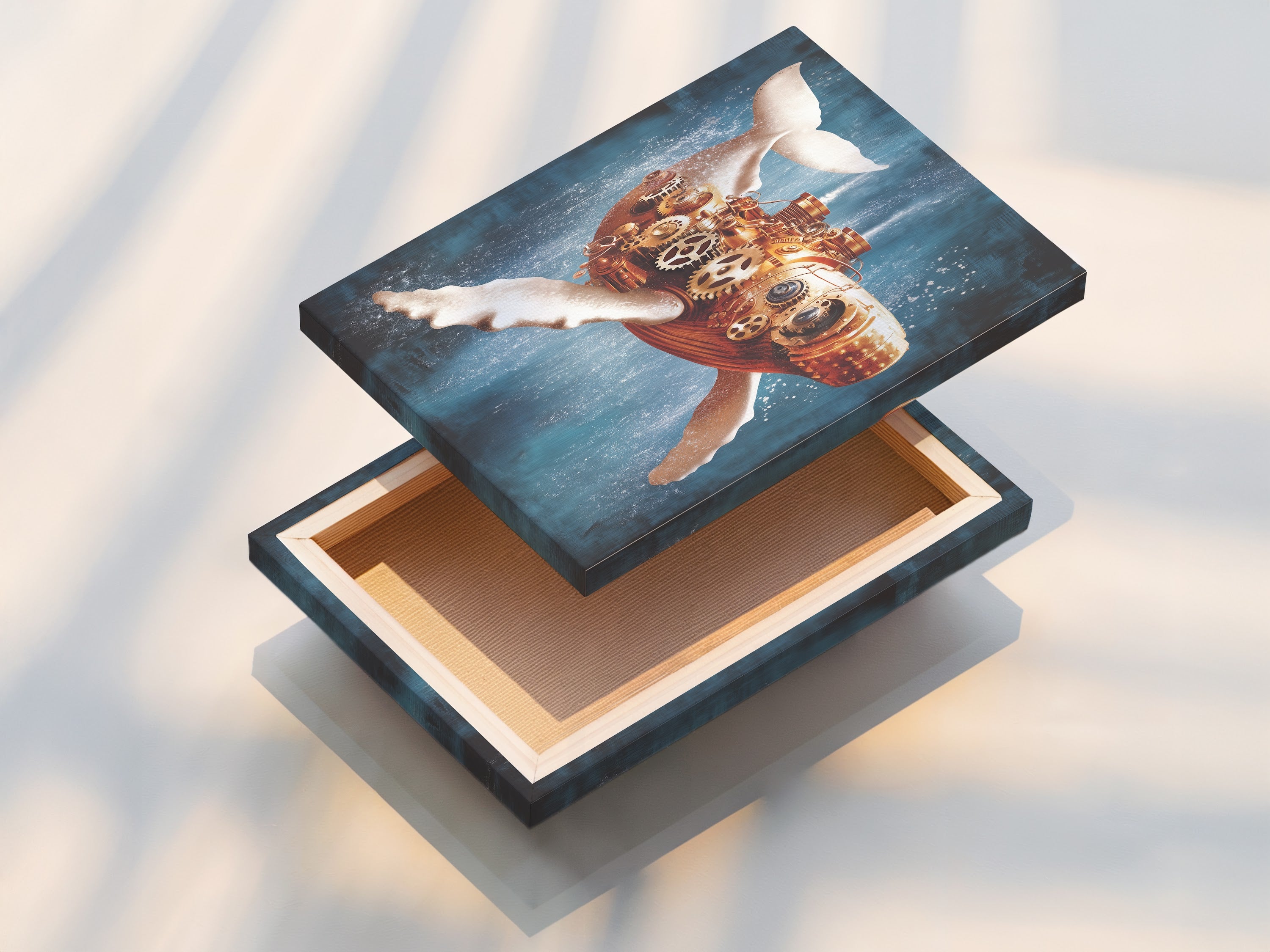 Stretched canvas print featuring the Steampunk Whale artwork. This mechanical ocean wall art combines nautical wall decor with vintage steampunk. The stretched canvas provides a gallery-ready look. Perfect for adding a unique touch to your study room or office.