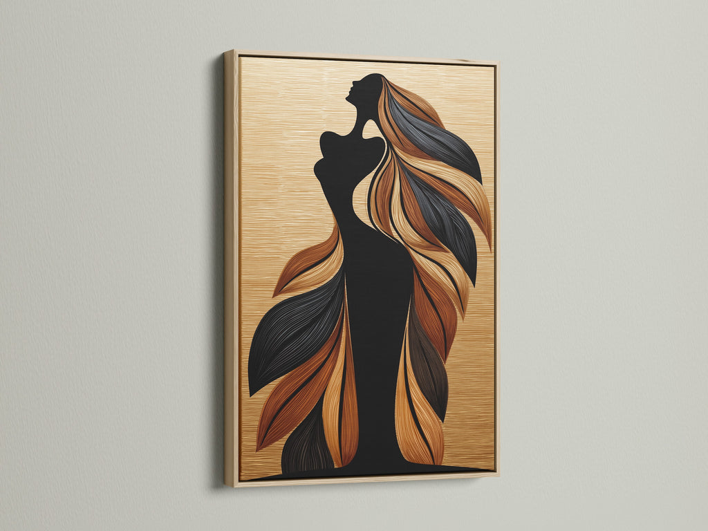 This oak frame beautifully complements the woman silhouette artwork. The print features flowing hair creating a bohemian aesthetic. The artwork enhances bedroom wall decor or living room wall art. The oak frame adds a natural and warm touch. Ideal for modern minimalist and boho styles.
