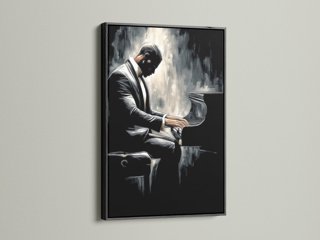 A framed piano player artwork is displayed. The frame is black. This music wall decor is perfect for living rooms. It also works well in music rooms. Elevate your decor with this fine art piece. The artwork fits various interior styles.