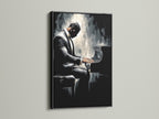 A framed piano player artwork is displayed. The frame is black. This music wall decor is perfect for living rooms. It also works well in music rooms. Elevate your decor with this fine art piece. The artwork fits various interior styles.