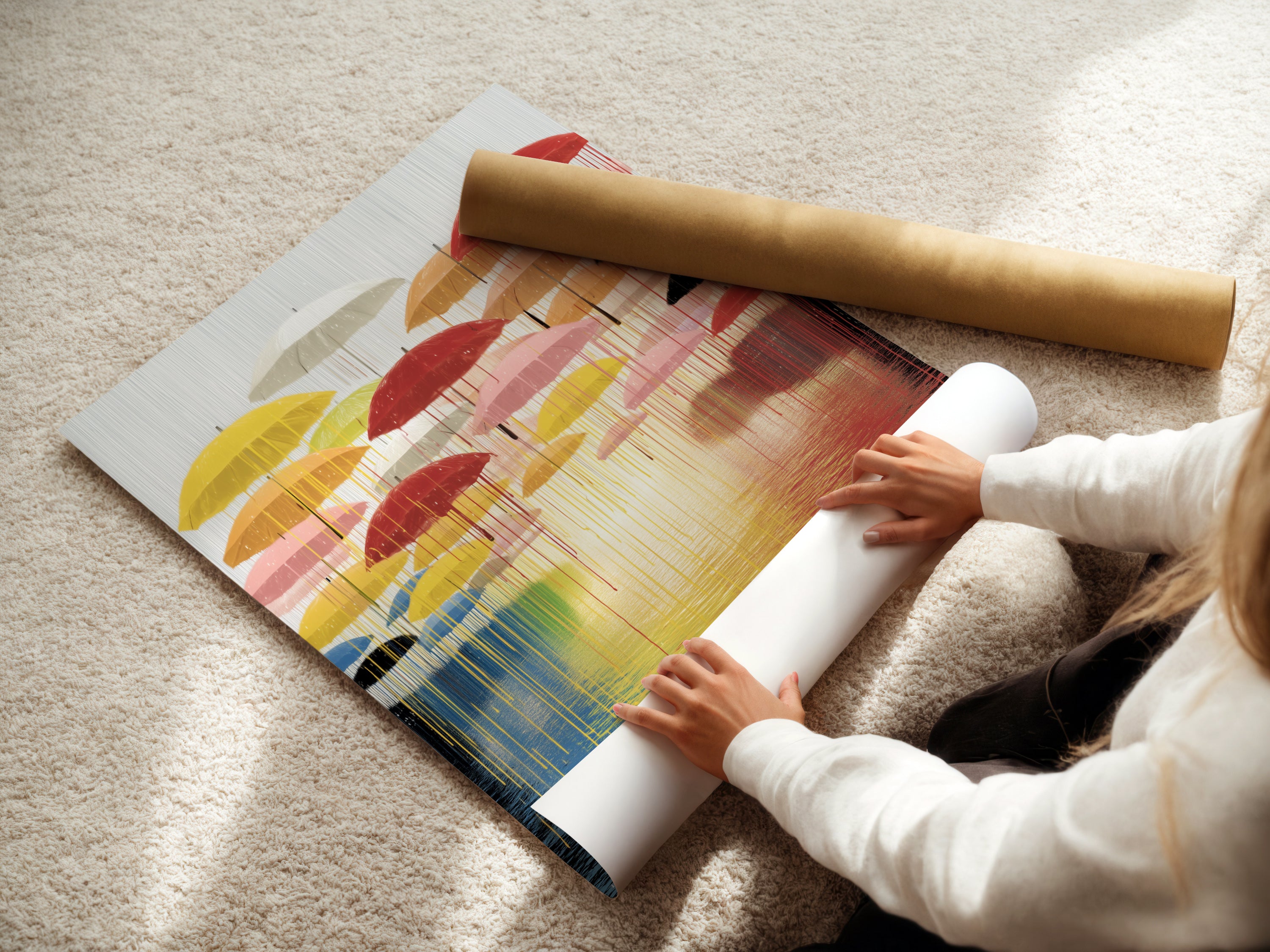 A woman is carefully rolling a fine art poster paper of the 'Umbrella' artwork. This modern abstract piece features a colorful reflection. The fine art poster paper ensures high-quality reproduction. It captures the vibrant details of the artwork. Perfect for art enthusiasts seeking unique wall art.