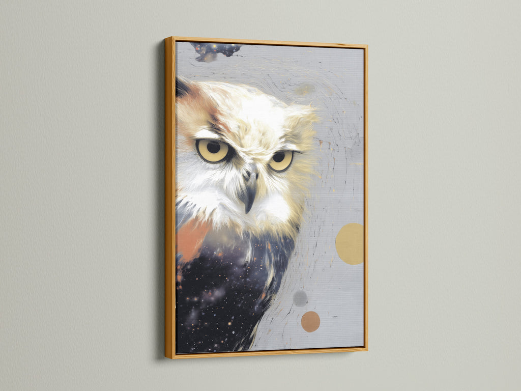 A luxurious owl artwork print is opulently presented in a gold frame. The metallic frame enhances the modern wildlife canvas art. It adds a touch of glamour to the contemporary bird artwork. Transform your space with this elegant wildlife print.