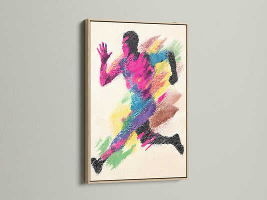 A framed artwork hangs on a white wall. The frame is oak. The artwork features an abstract runner. The runner is composed of vibrant hues. The art piece adds a touch of nature to the artwork. It is ideal for modern interiors. The art makes a statement.