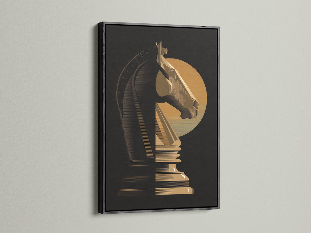 Artwork featuring a chess knight is displayed in a black frame. The black frame provides a bold and sophisticated touch. It creates a striking contrast with the artwork. This frame adds drama and elegance to any room. A black frame can make a statement.