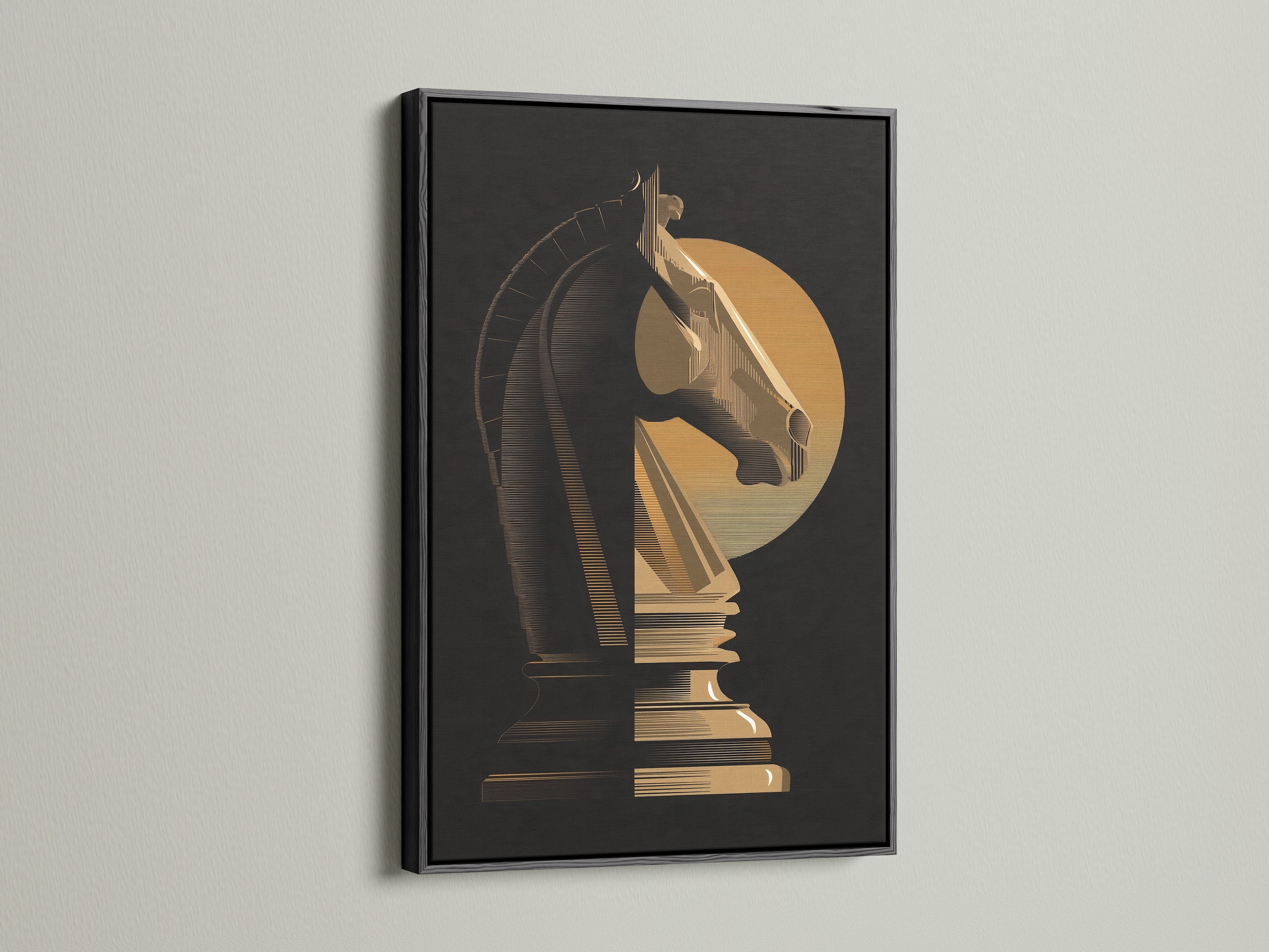 Artwork featuring a chess knight is displayed in a black frame. The black frame provides a bold and sophisticated touch. It creates a striking contrast with the artwork. This frame adds drama and elegance to any room. A black frame can make a statement.