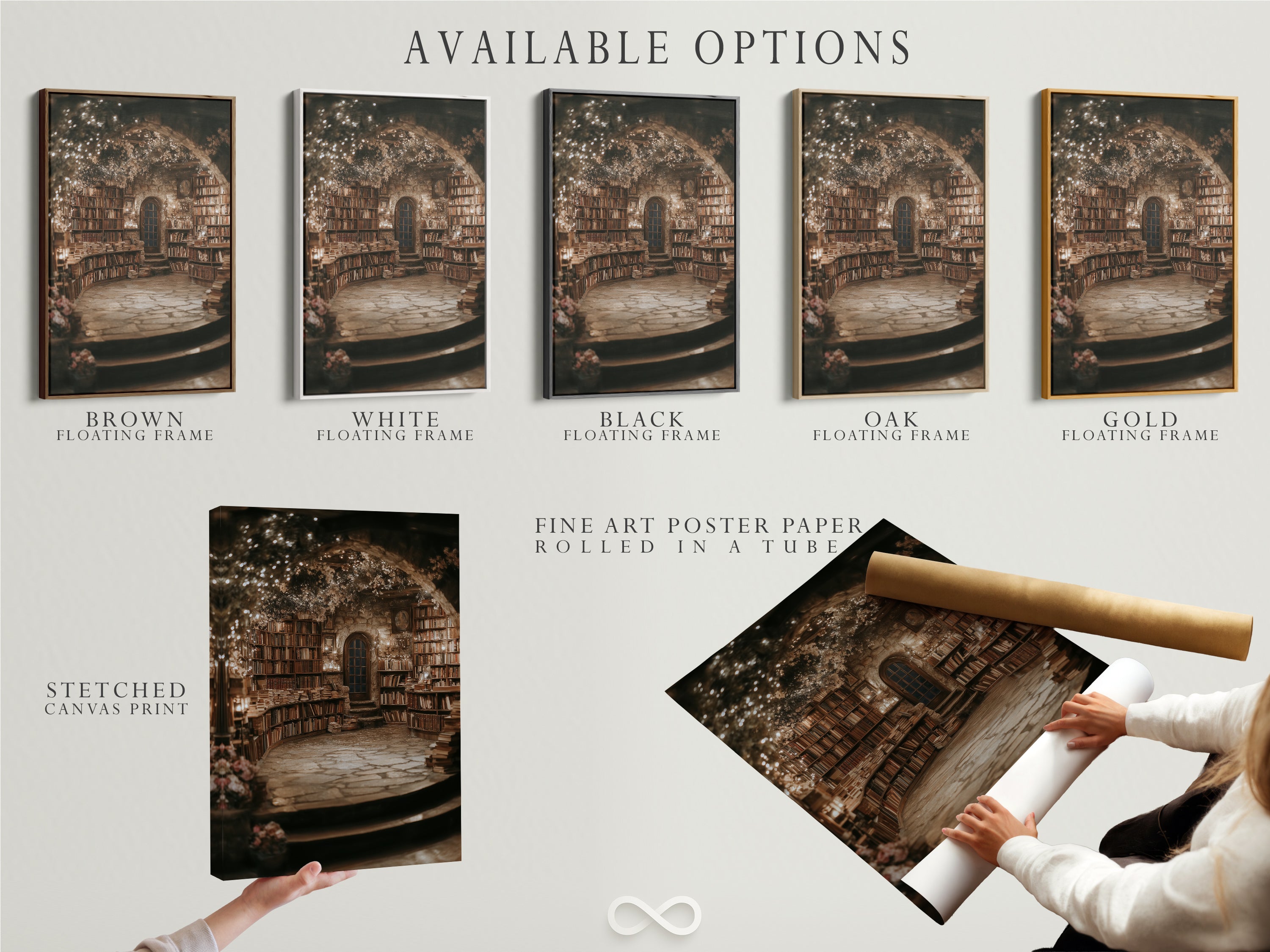 Available options for the Victorian Library Bookcase Artwork. Choose from stretched canvas print fine art poster paper or a floating frame. The fairytale book nook wall art adds magical academia to any study room. Find your perfect style.