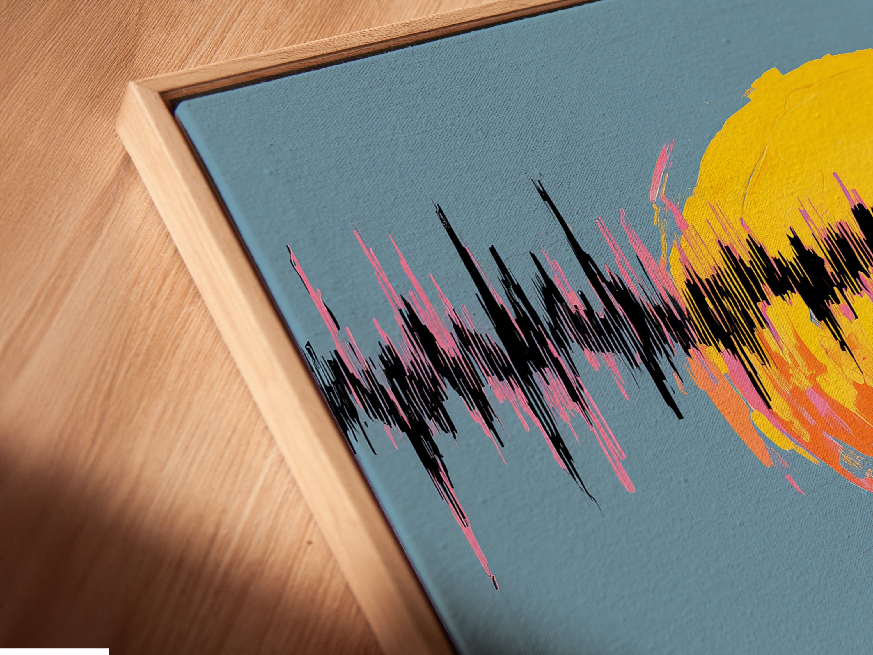 A close-up angled view shows the canvas print in a floating frame. The Beach Volleyball artwork features a surreal sunset. The floating frame adds a modern touch to this sports wall art.