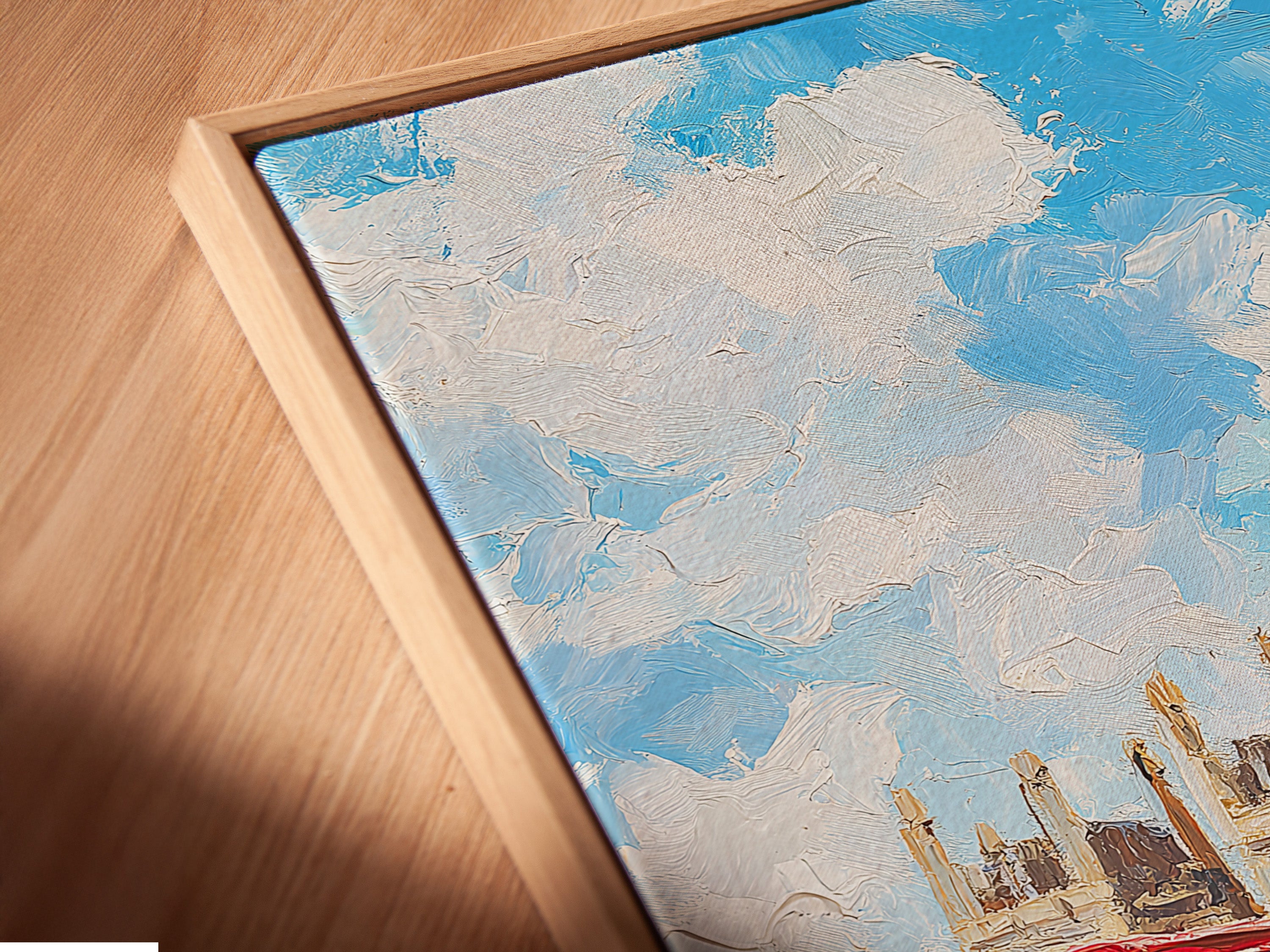 Angled close-up of a canvas print in a floating frame. This London Big Ben art piece showcases Westminster Bridge. The floating frame gives a modern look. Upgrade your wall decor with this fine art print.