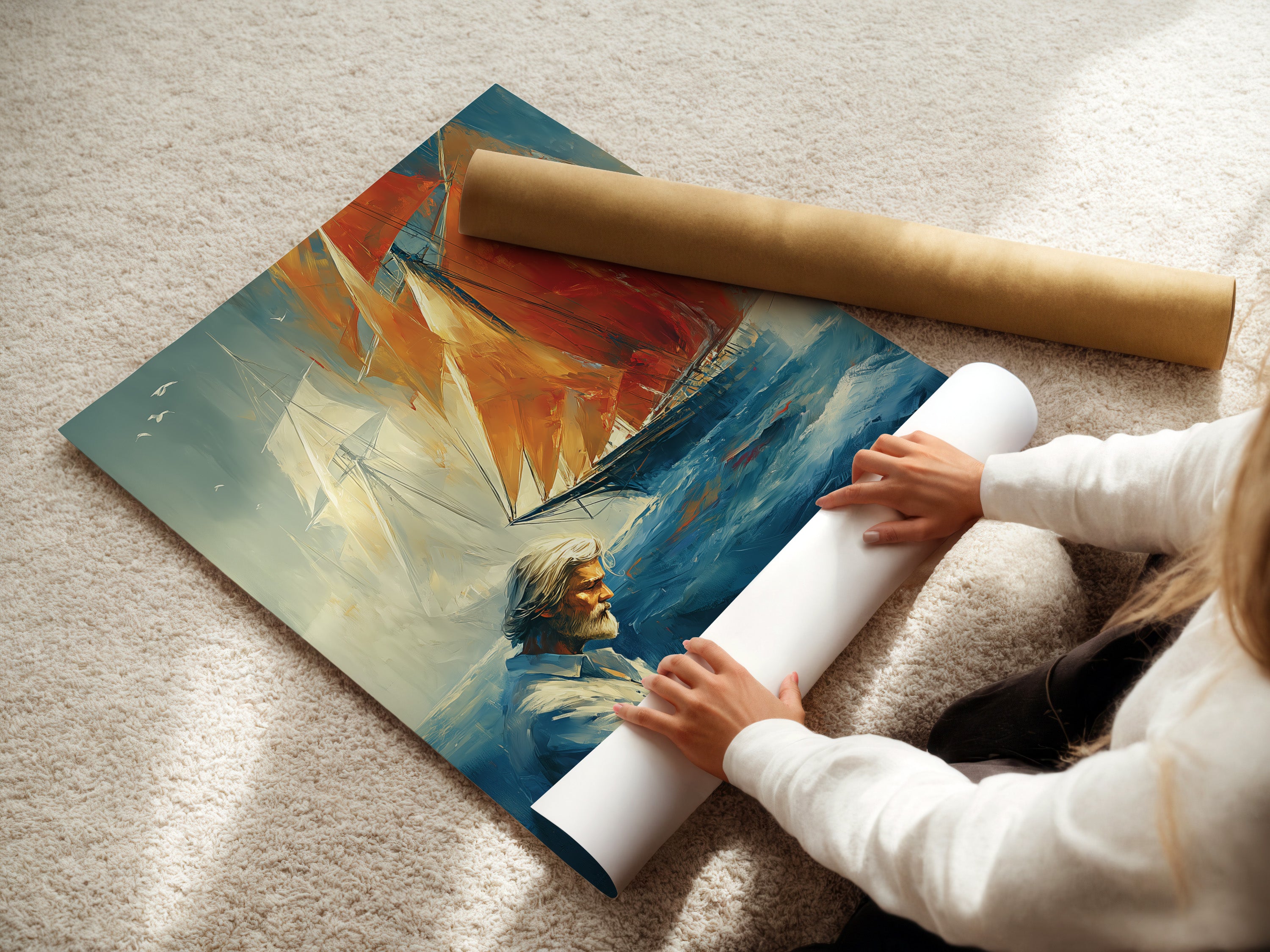 A woman is rolling a fine art poster paper featuring nautical sailing art. This vintage maritime wall art depicts a captain and sailboat. This poster is perfect for study room decor. Get your own high-quality nautical art print today. The primary color is blue.