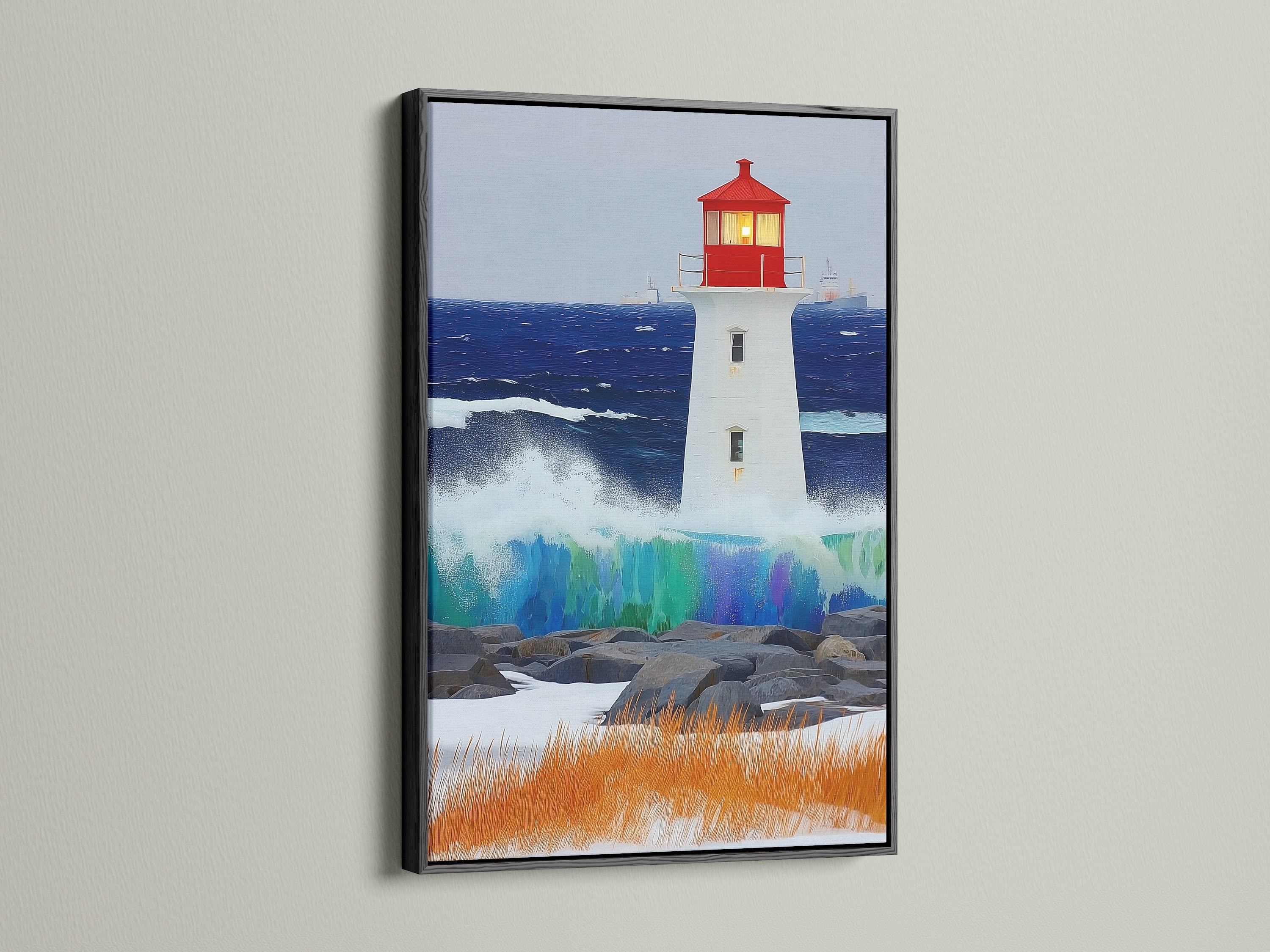 Lighthouse artwork with a black frame. This seascape canvas adds sophistication to your decor. The black frame creates a striking contrast. It's perfect nautical decor for a beach house or office space.