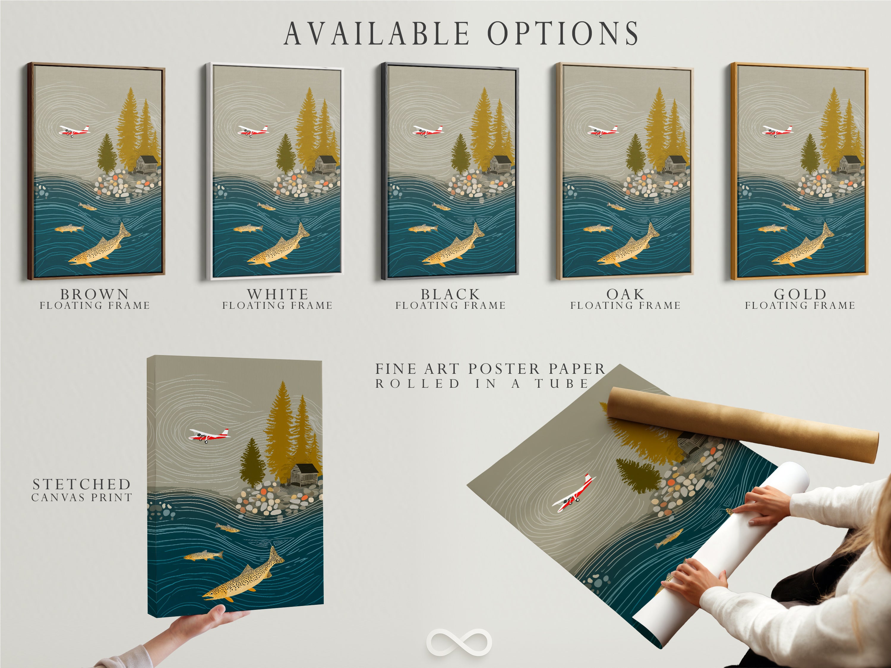 Available options include a stretched canvas print a fine art poster paper and a floating frame. All options showcase the fishing landscape artwork. Choose the perfect medium for your cabin wall art or man cave decor.