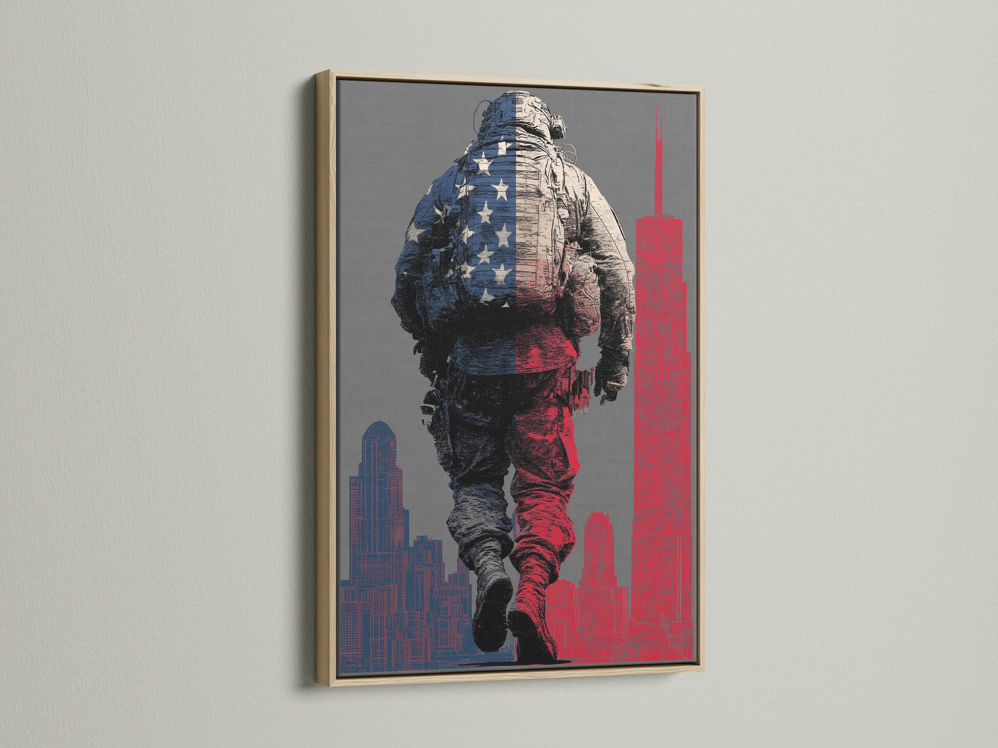 American Soldier art in an oak frame. This military wall art adds a touch of patriotism. Ideal for office decor or a veteran memorial. Enhance your space with soldier canvas artwork.