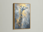 A giraffe art canvas print is displayed in a gold frame. The gold frame accentuates the gold accents in this wildlife wall art. An elegant choice for bedroom decor. This animal art brings a touch of luxury.