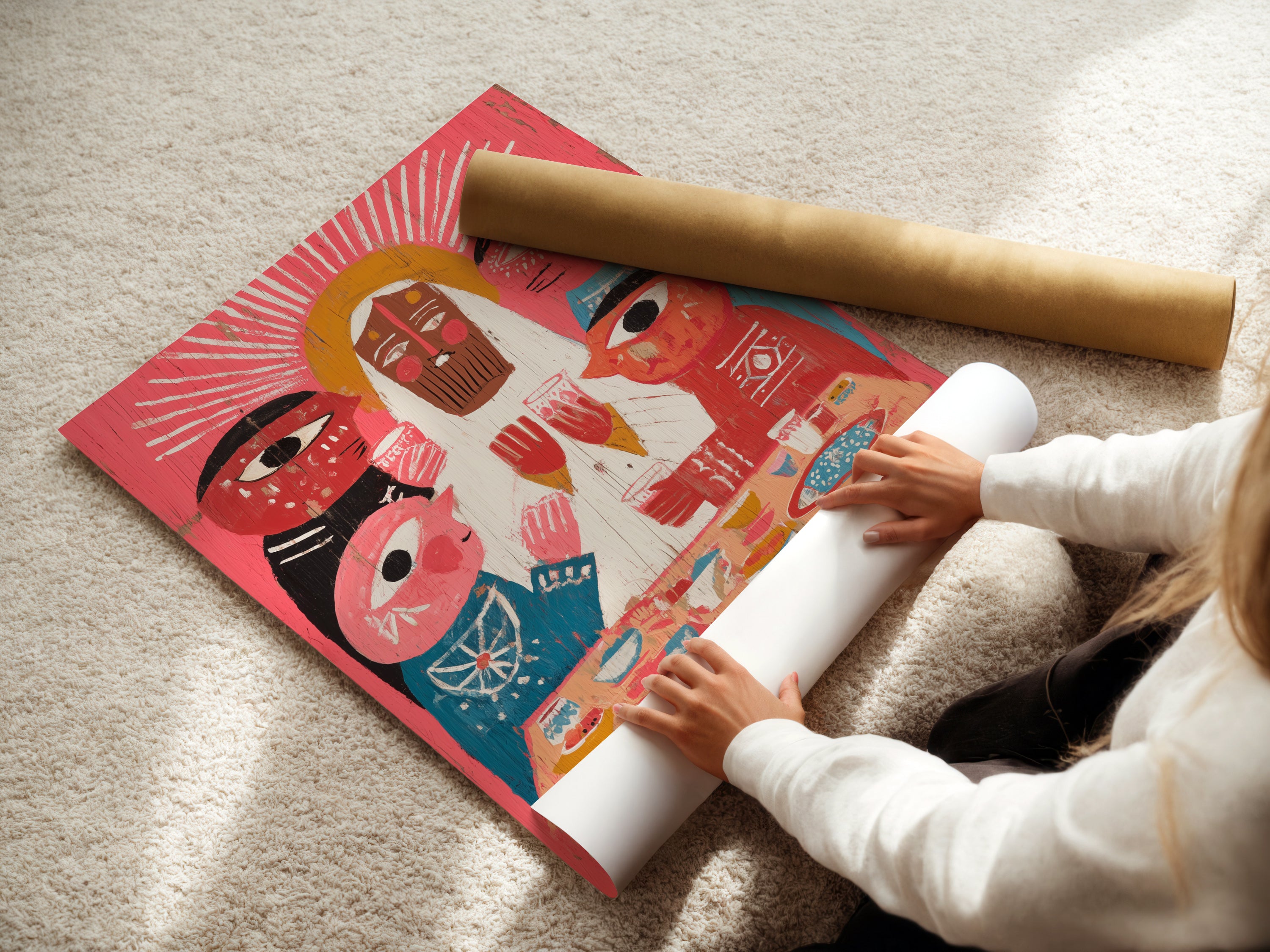 A woman is rolling a fine art poster paper. The Religious Family Art can be printed on poster paper. Modern Folk Wall Art adds color to any room. Folk canvas art is a unique spiritual piece.