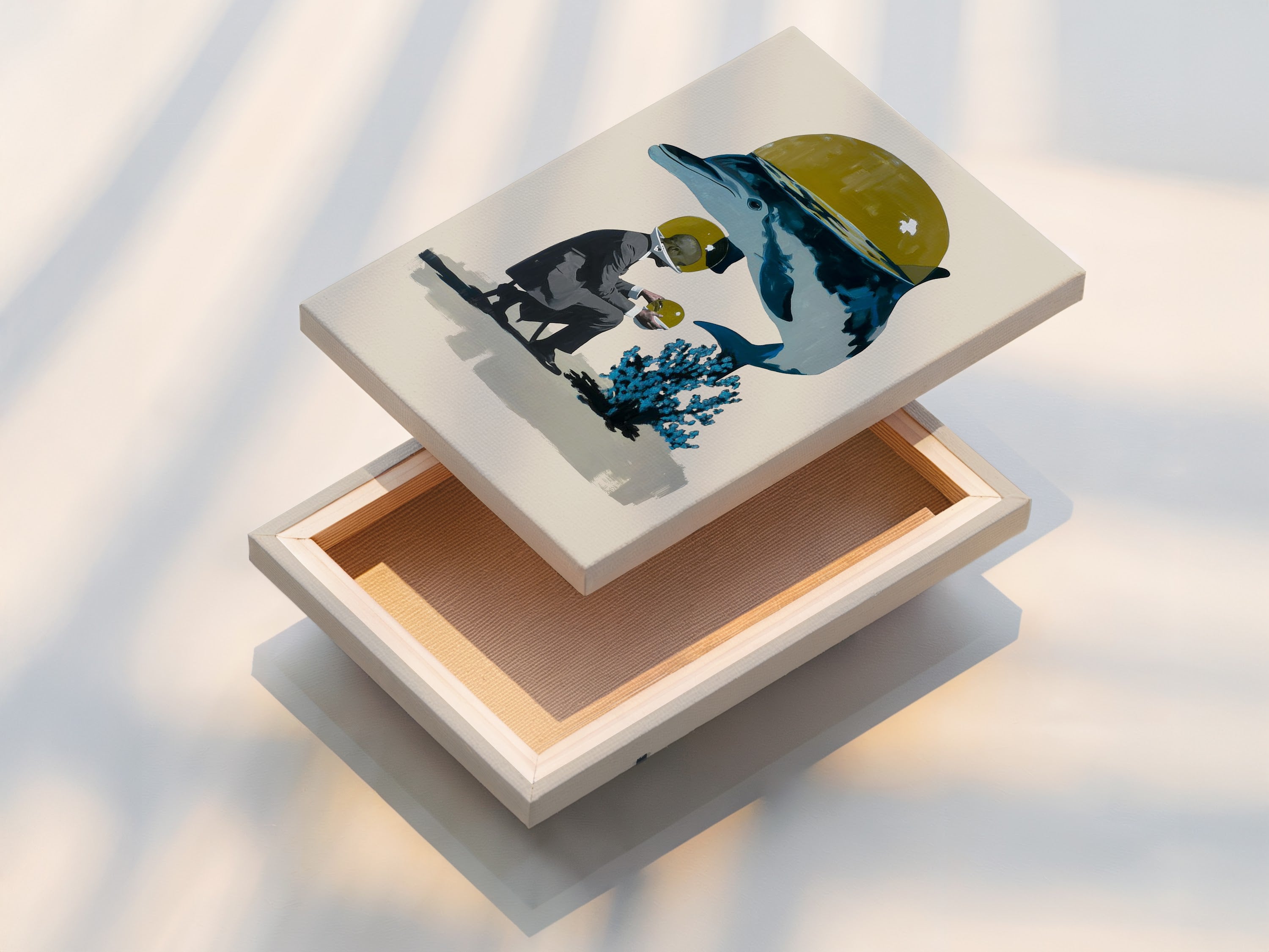 A stretched canvas print featuring surreal ocean artwork. The artwork features a diver and a whale. This contemporary marine life art is ready to hang. The stretched canvas enhances the artwork's texture. It is a striking piece for any room.