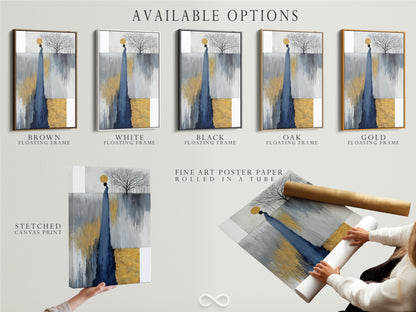 Available options are displayed including a stretched canvas print fine art poster paper and a floating frame. The abstract figure artwork is showcased in each format. Choose the perfect medium to complement your modern minimalist decor and enhance your living space.