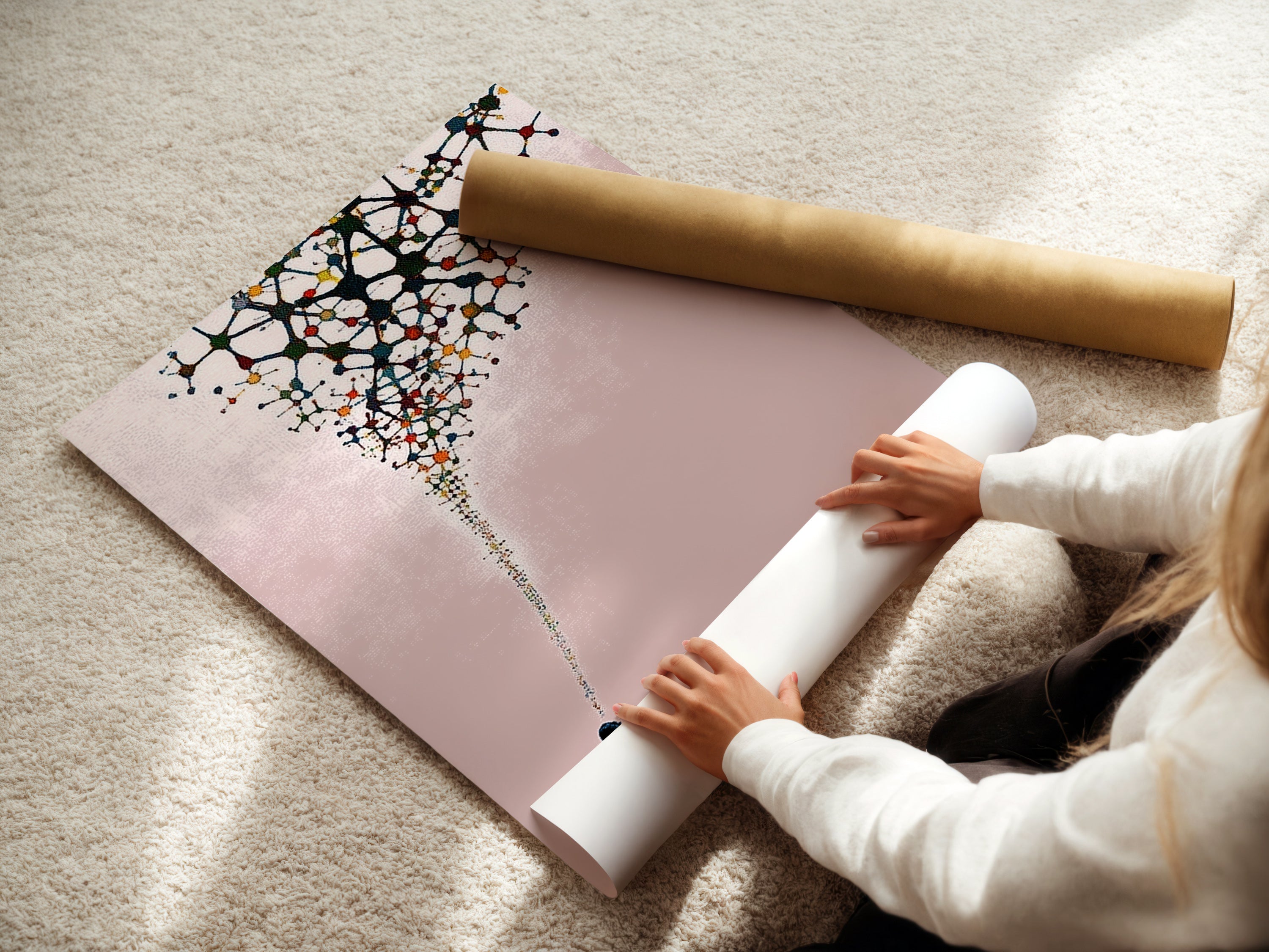 A woman is carefully rolling a fine art poster paper. This highlights the care taken in producing each piece. The paper is high-quality. Ideal for creating stunning abstract artwork. Perfect for minimalist print designs.