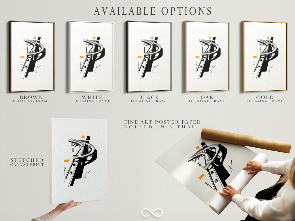 Available options are showcased including a stretched canvas print. There is also fine art poster paper and a floating frame.  The Highway Overpass artwork is versatile for any style.  This urban minimalist print enhances modern decor. Choose the perfect format for your black and white artwork.