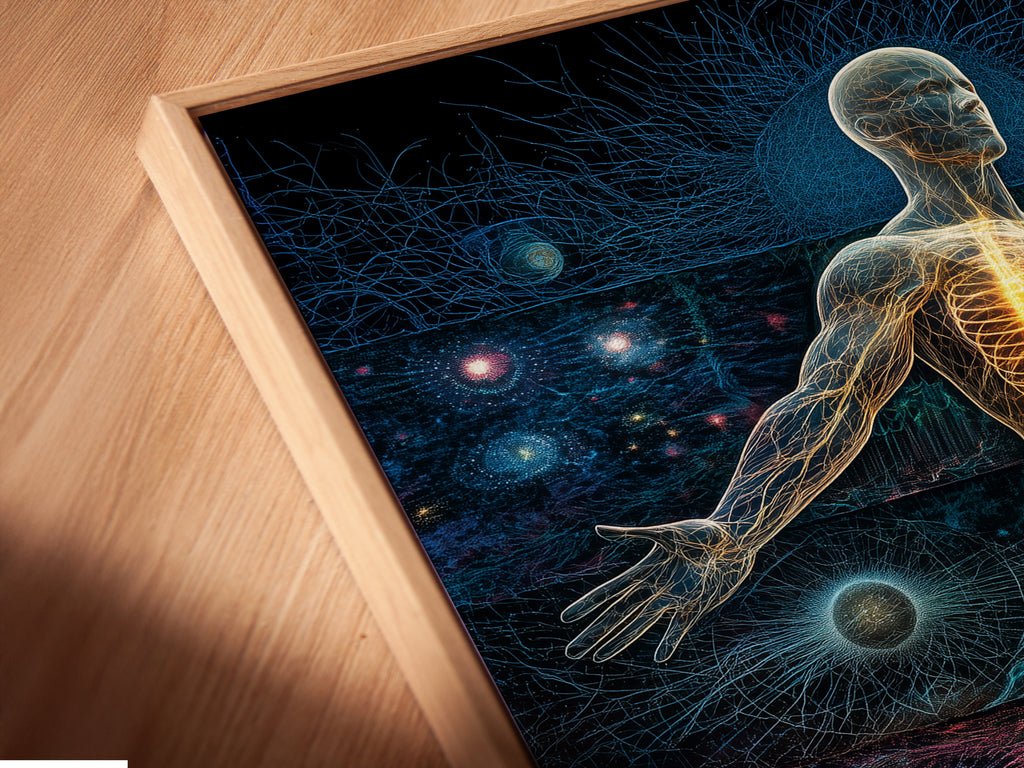 EV-06 provides an angled close-up of a canvas print in a floating frame. The floating frame gives the illusion of artwork suspended in air. It highlights the artwork with a minimalist aesthetic. Floating frames offer a modern and elegant display option. It's a great way to display your artwork.