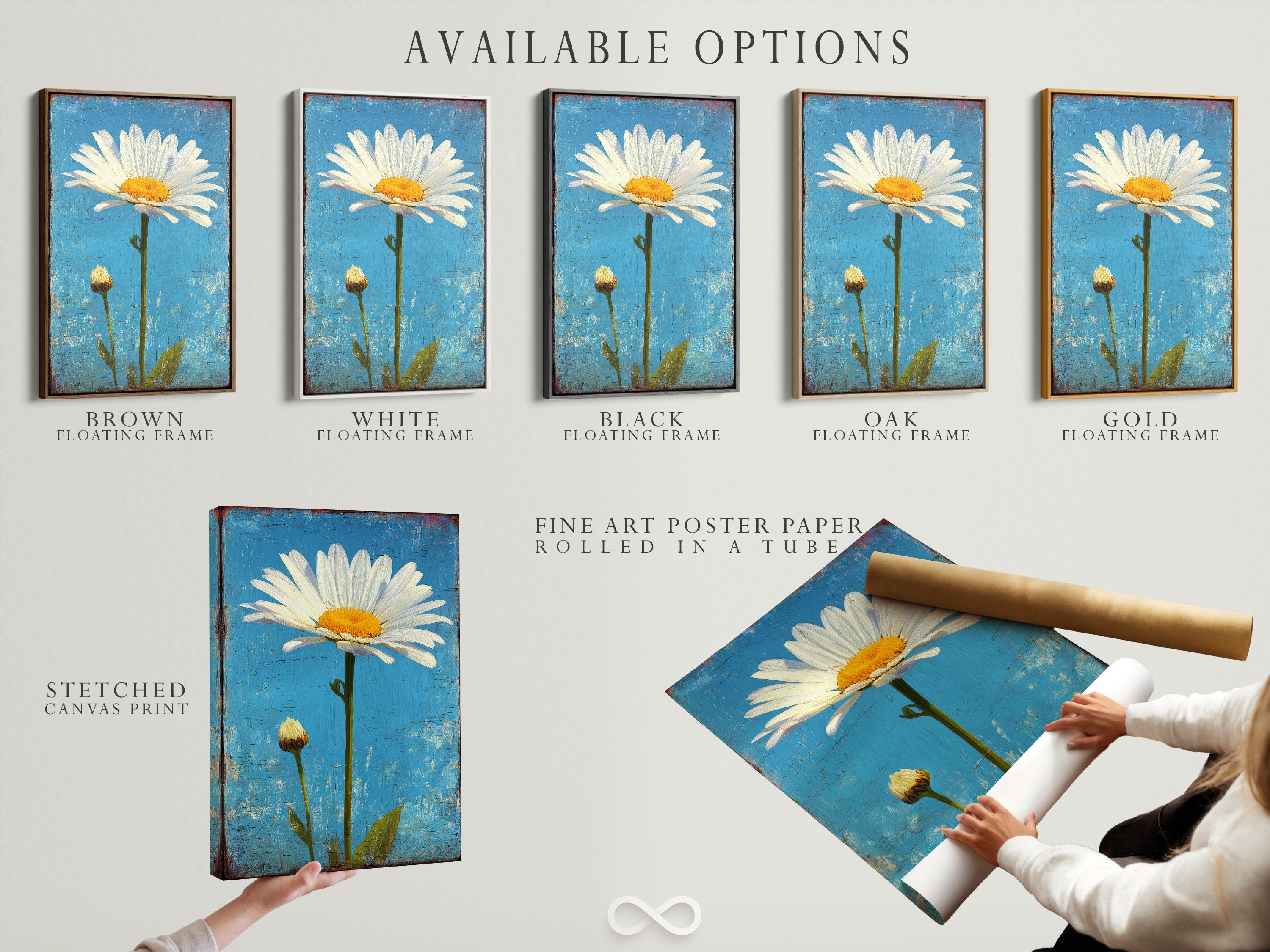 Available options for artwork shown include a stretched canvas print fine art poster paper and a floating frame. Choose the perfect format to display your favorite art. Customize your art to match your personal style and decor.
