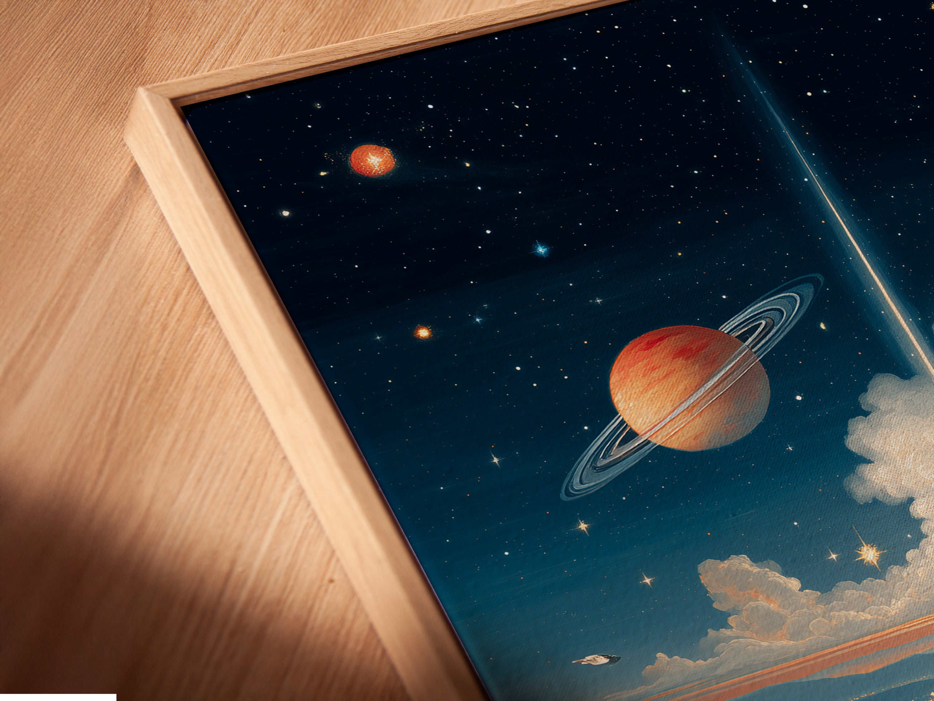 Angled close-up of a canvas print in a floating frame. The surreal space landscape artwork showcases retro futurism. See the cosmic village poster's fine details. A perfect addition to lounges and creative studios.