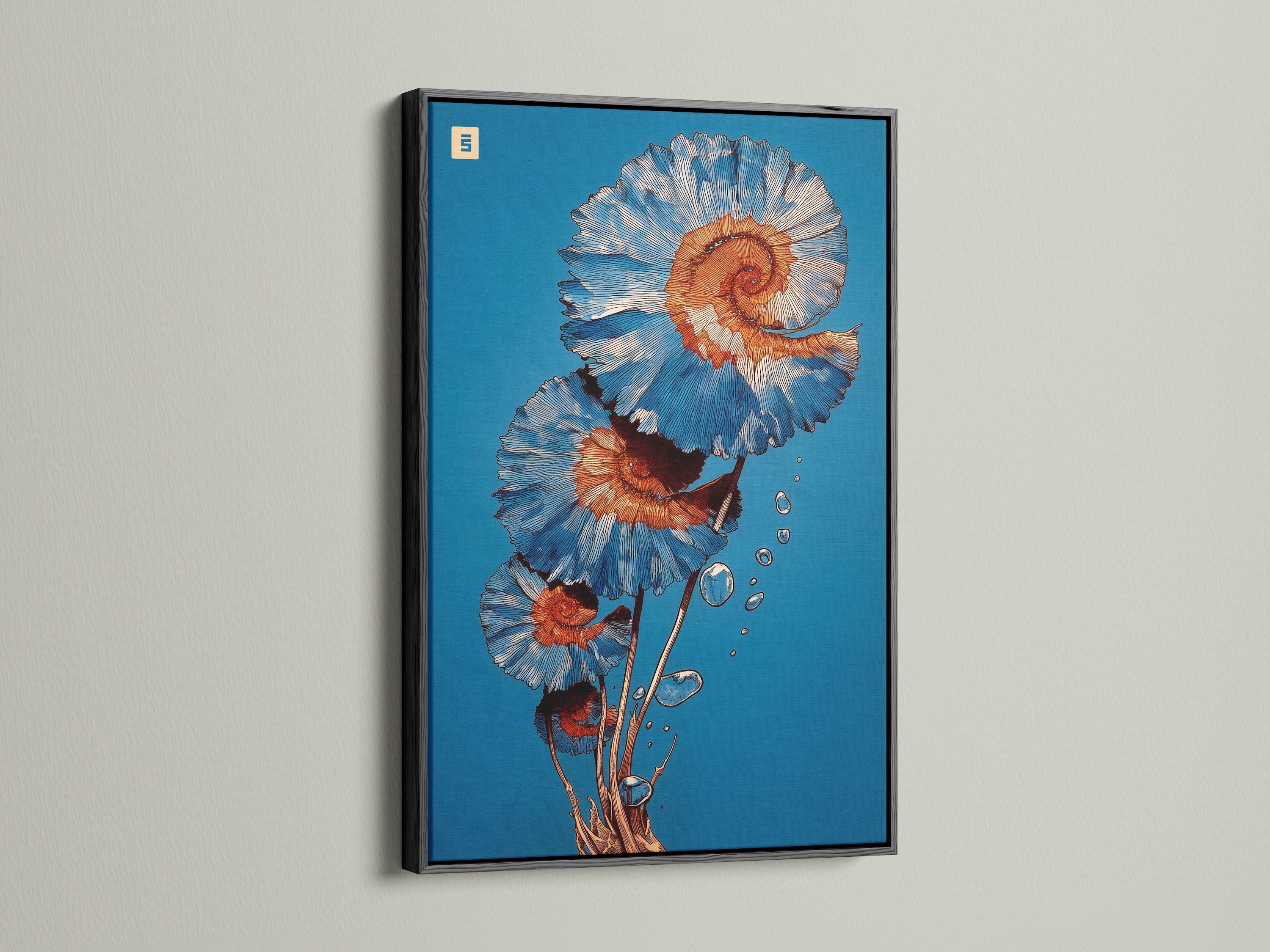 The spiral flower art is framed in black. This botanical print features teal wall art and coral artwork. Modern floral art perfect for office wall decor. A stunning flower canvas with a contemporary spiral design. This botanical decor is teal and coral.