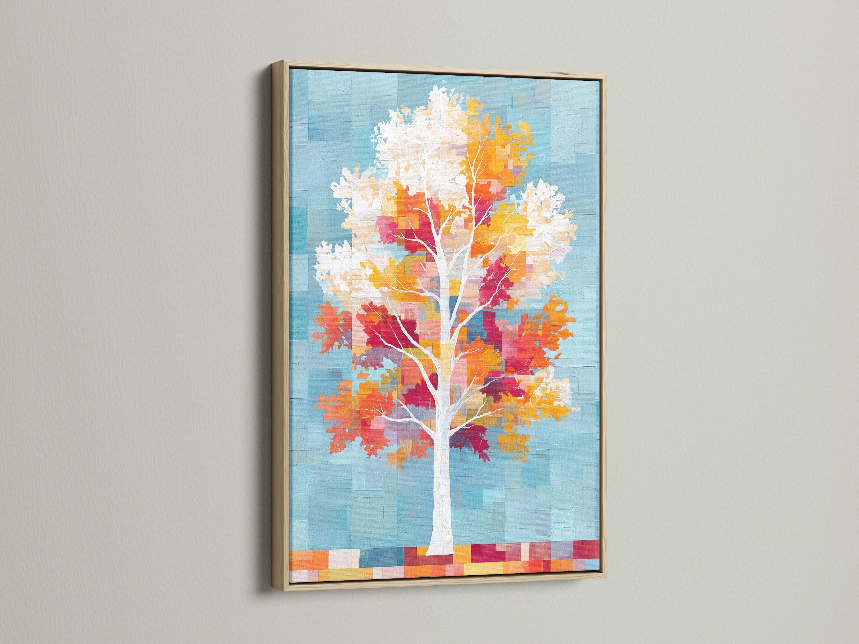 A vibrant pixel art canvas is beautifully framed in oak. The colorful tree art print features autumn leaves. This nature wall art enhances living spaces. It is ideal for adding a modern touch to your bedroom wall decor with this pixelated nature artwork.