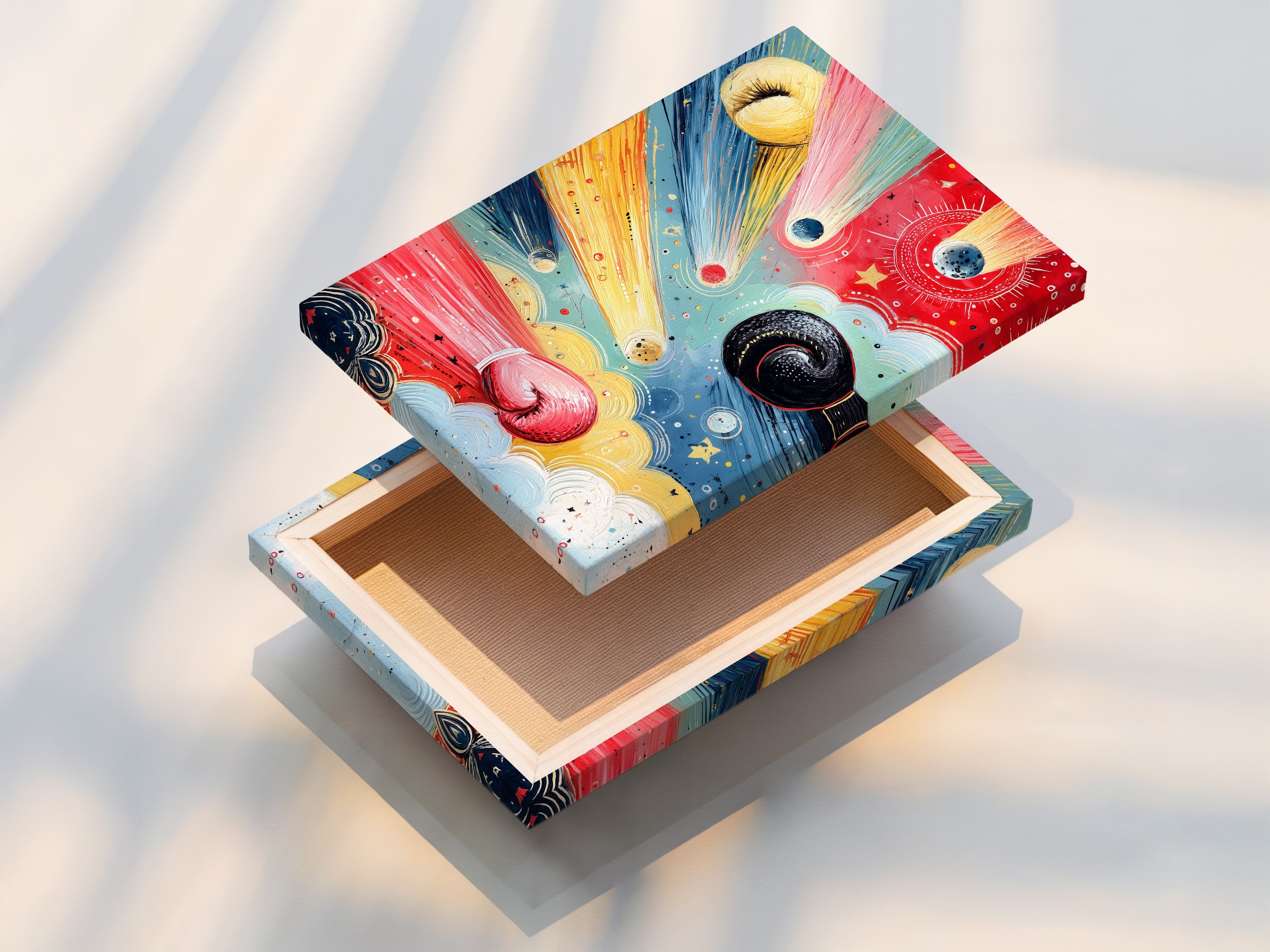 A stretched canvas print of abstract boxing gloves artwork. The stretched canvas is ready to hang and enjoy. This sports art is perfect for adding a modern touch. It's suitable for living rooms bedrooms or gyms. The vibrant colors and dynamic art style stand out. This canvas print is a great gift for boxers. Enjoy this high-quality canvas art.