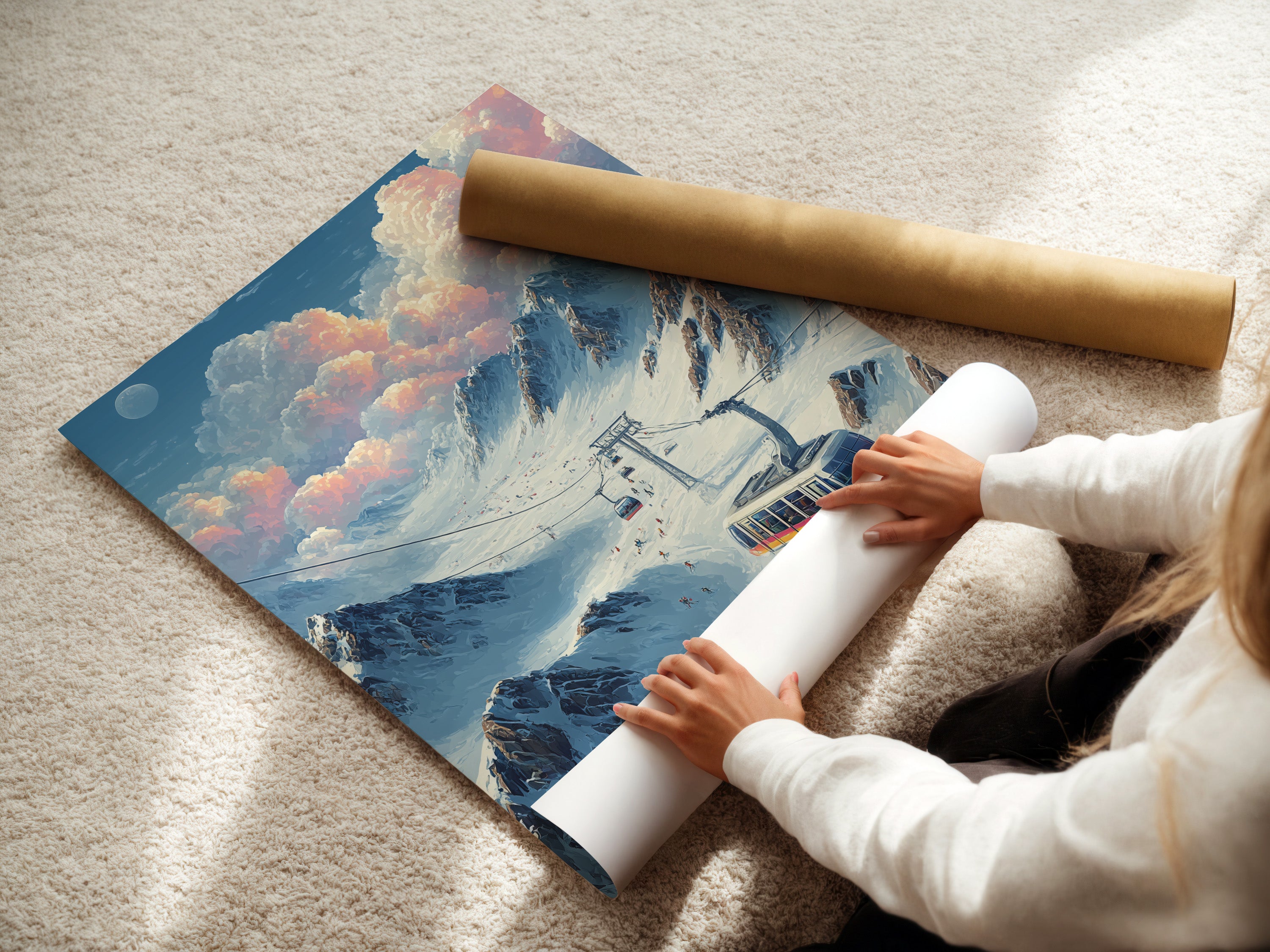 A woman is carefully rolling a fine art poster paper featuring vintage ski lift artwork. The poster paper is perfect for showcasing detailed winter landscapes. Ideal for those who appreciate high-quality retro ski posters. It preserves the artwork's integrity.