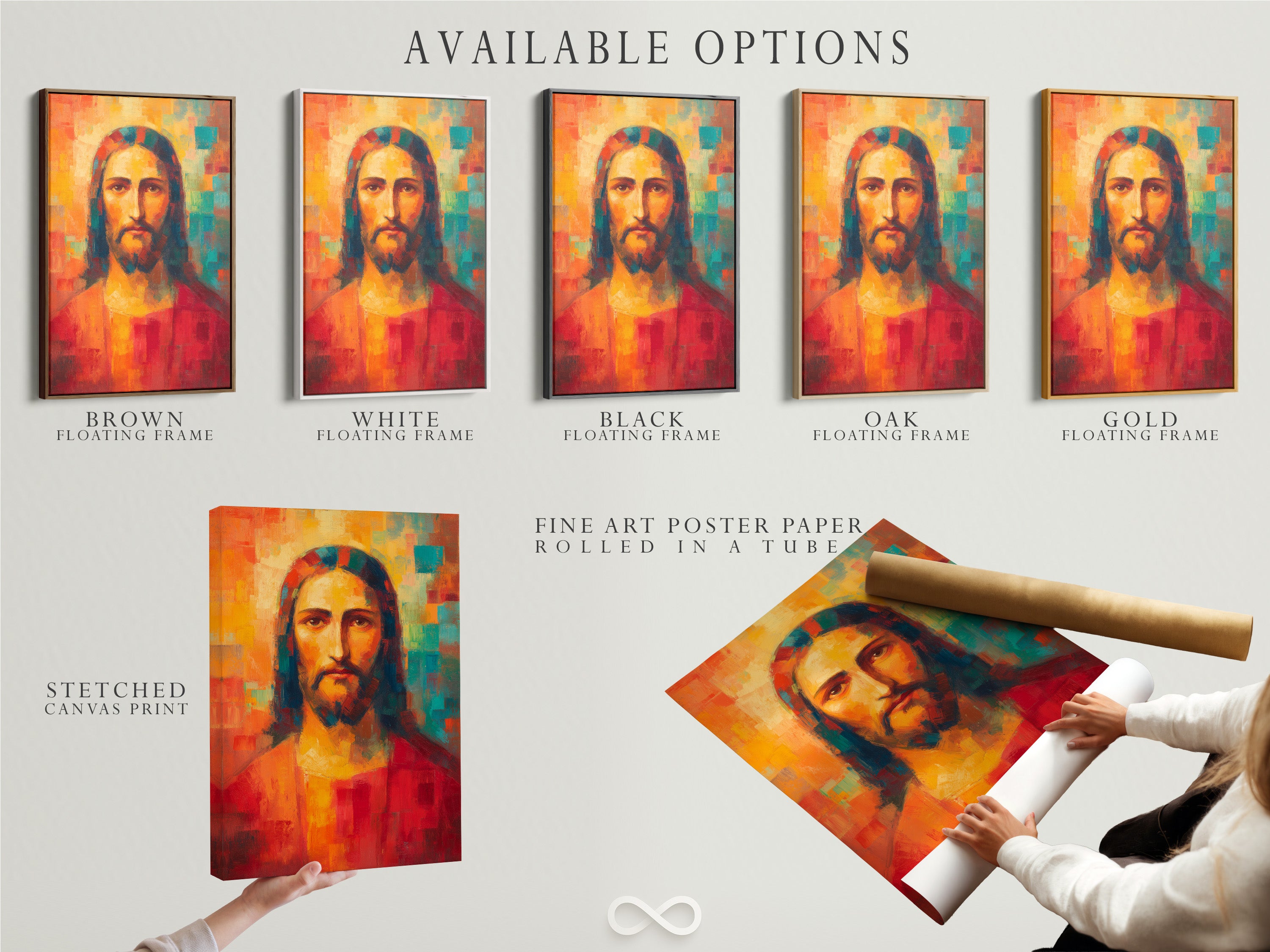 Available options are displayed. Stretched canvas print. Fine art poster paper. Floating frame. Choose the perfect format for your artwork. Customize your art to match your style. Explore our art options now.