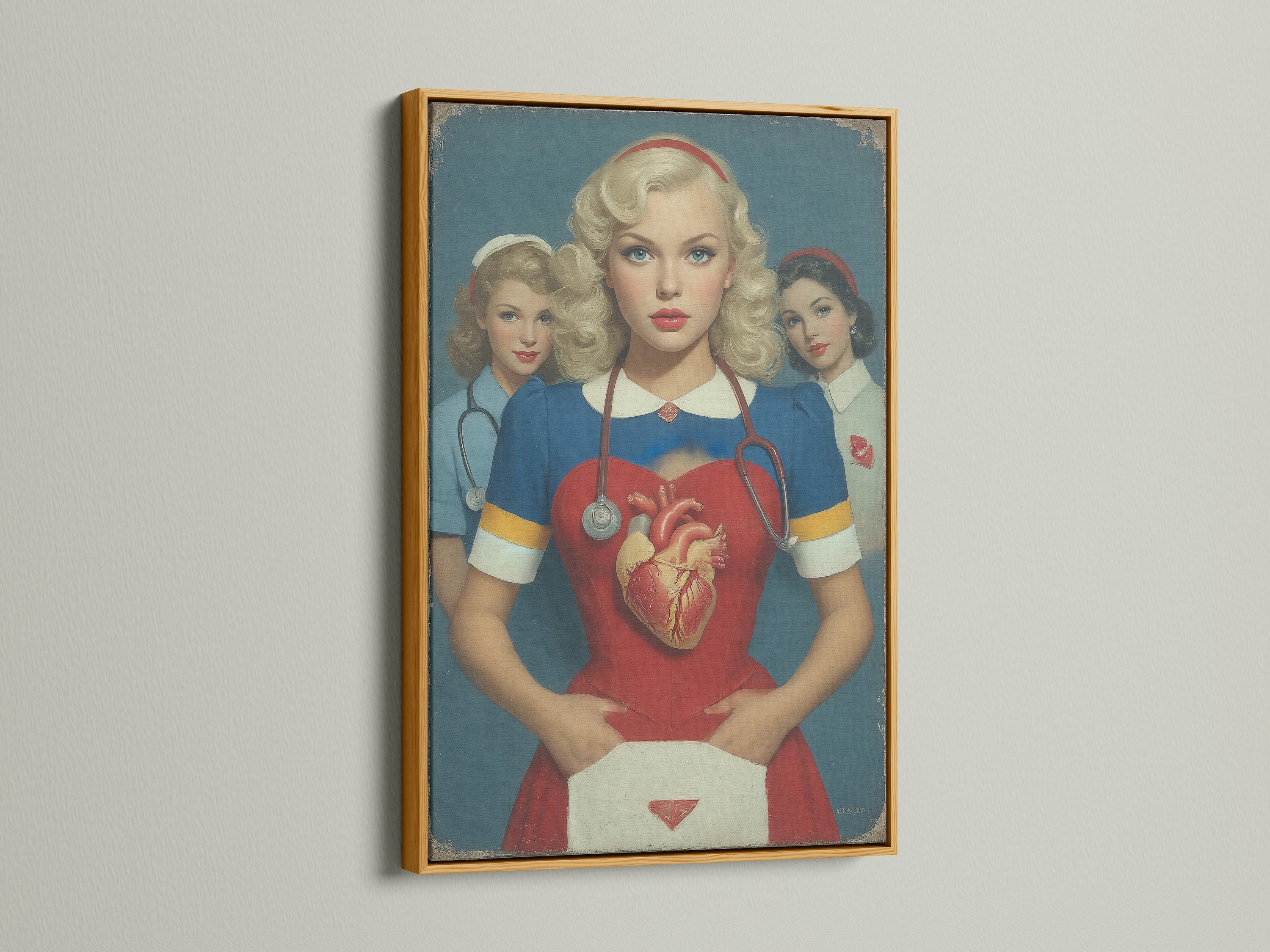 Vintage nurse artwork with an anatomical heart in a gold frame. The gold frame adds a touch of luxury to the retro artwork. Elevate your healthcare decor with this vintage medical artwork.