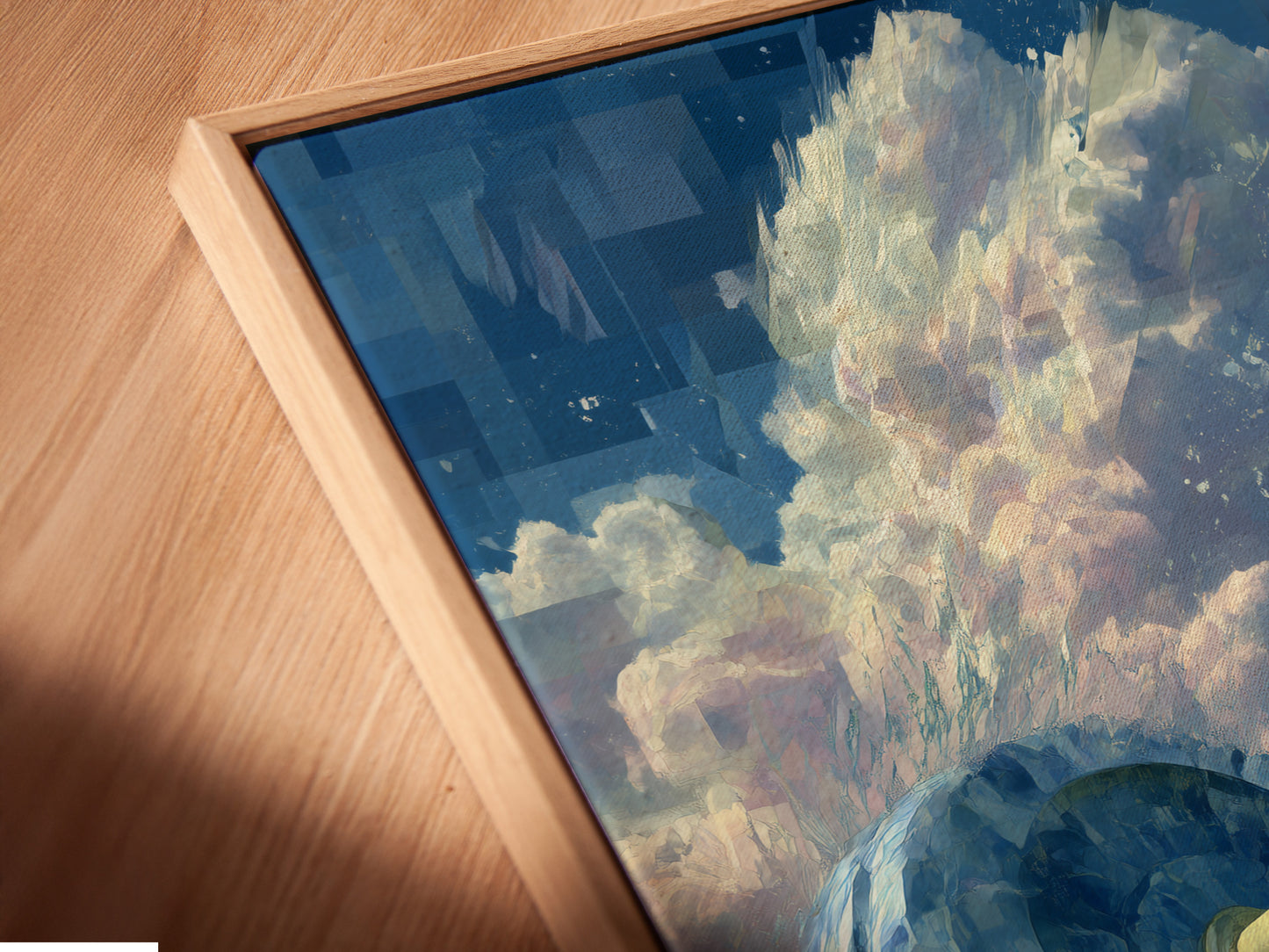 A close-up shot of a canvas print in a floating frame. The artwork shows an abstract dumbbell design. Perfect for adding a modern touch to your home gym wall art. It enhances any personal training studio decor.
