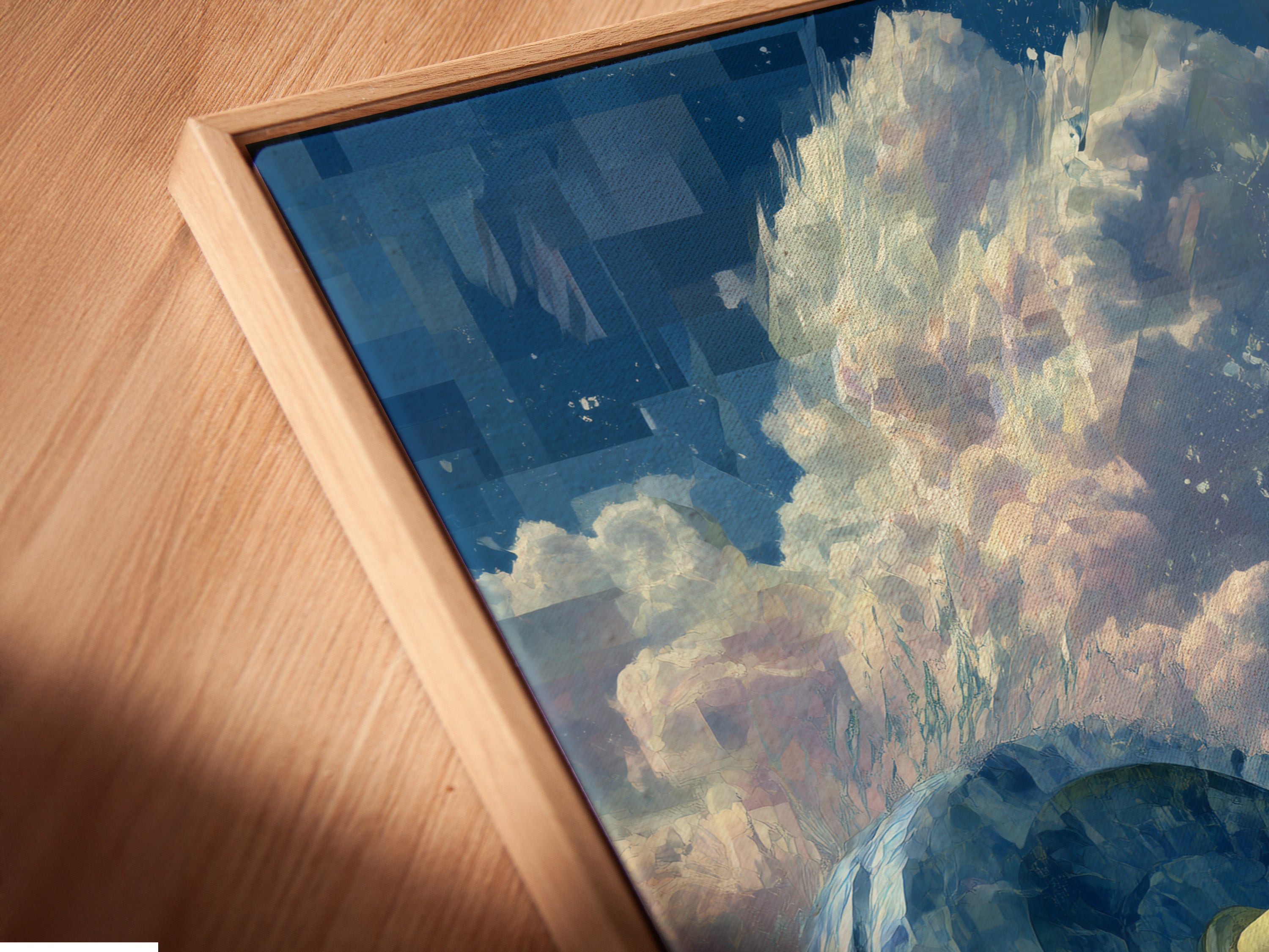 A close-up shot of a canvas print in a floating frame. The artwork shows an abstract dumbbell design. Perfect for adding a modern touch to your home gym wall art. It enhances any personal training studio decor.