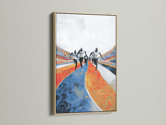 The oak frame showcases a marathon runners canvas artwork. Ideal athletic sports wall decor for minimalist Scandinavian or eclectic styles. The blue orange track stadium artwork enhances a home gym living room or office space.