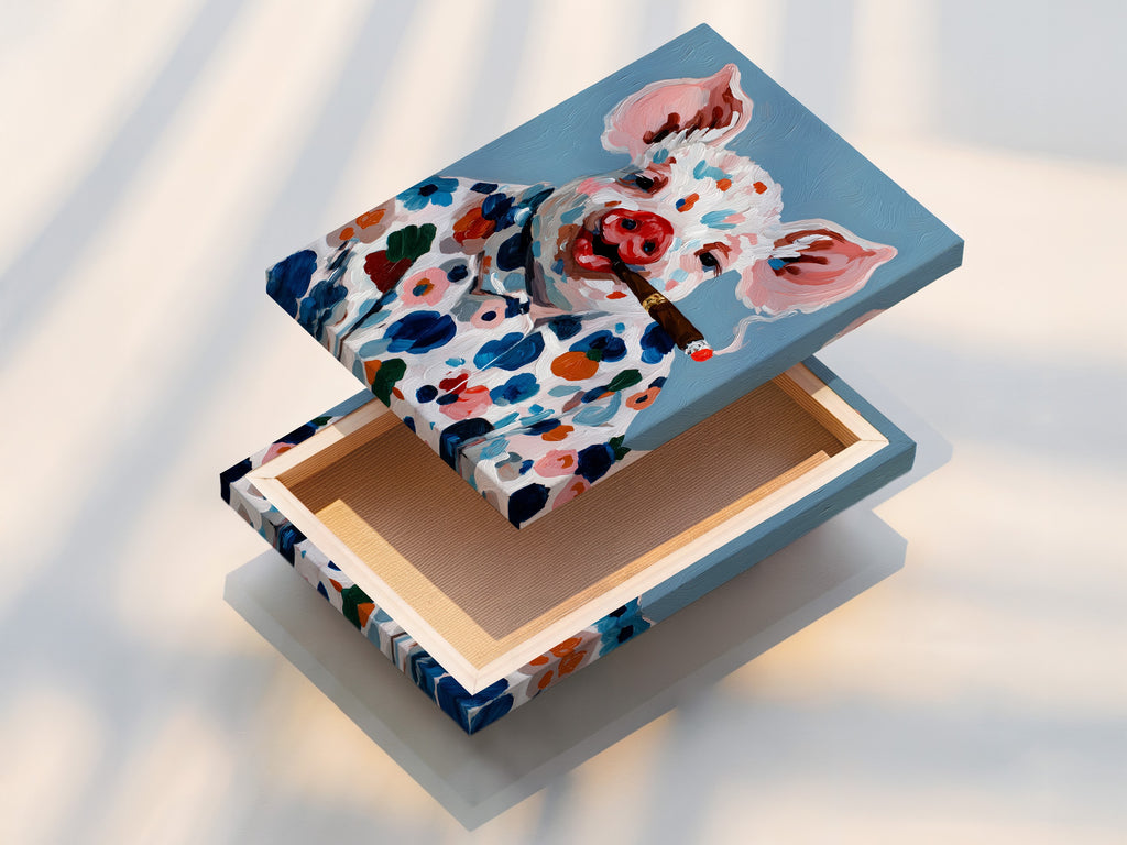 This stretched canvas print features a pig art piece. The artwork features a colorful farm animal with a cigar. The stretched canvas provides a gallery-worthy appearance. This whimsical art is ready to hang and enjoy in any room. It's perfect for those seeking a high-quality and vibrant artwork.