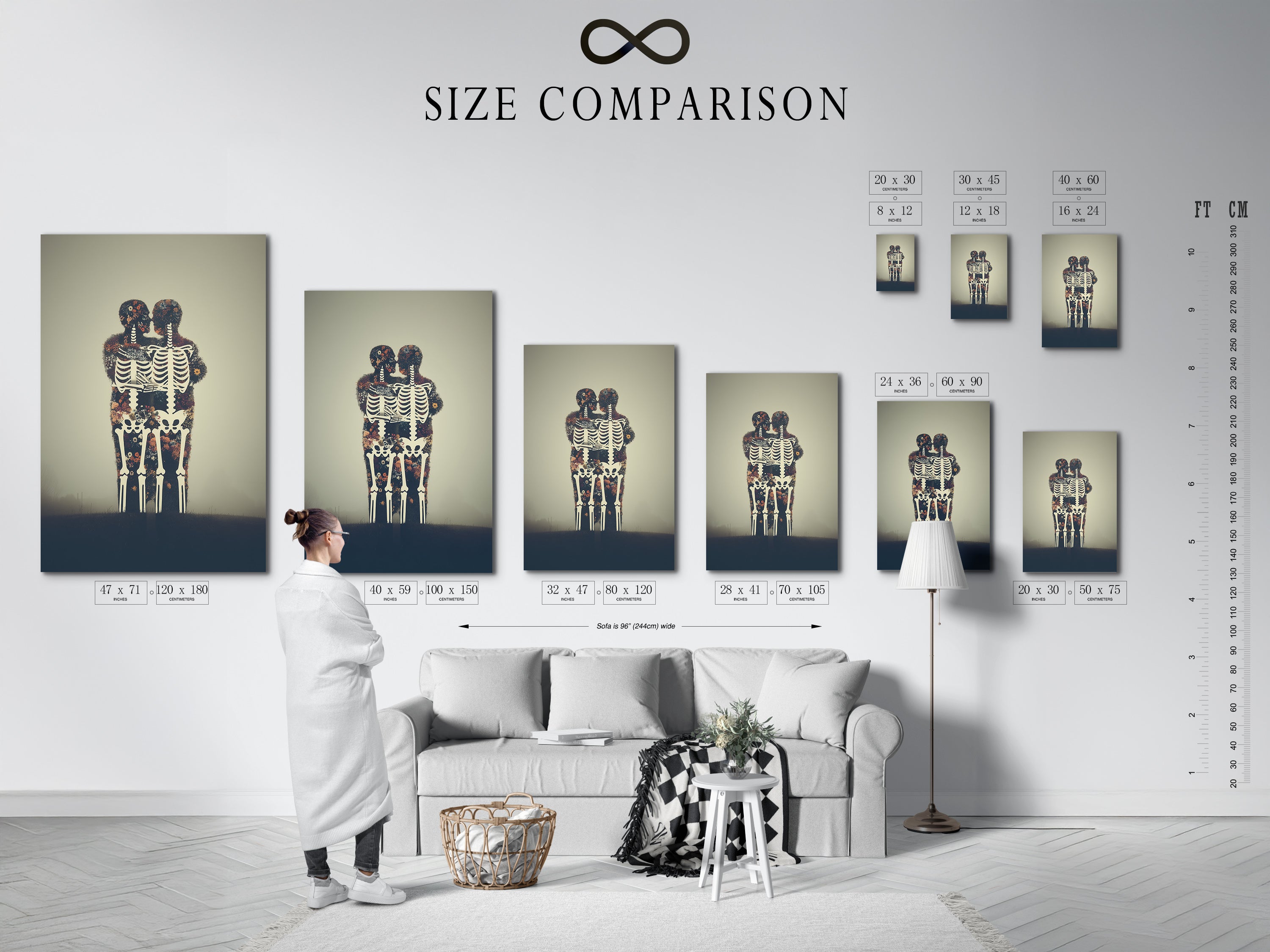 Size comparison chart featuring the Floral Skeleton artwork. See how this gothic wall art fits in any interior. Perfect for study room decor. The flower skeleton art is available in multiple sizes.