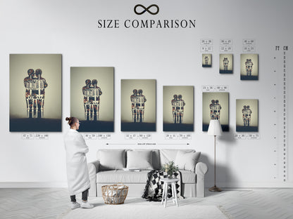 Size comparison chart featuring the Floral Skeleton artwork. See how this gothic wall art fits in any interior. Perfect for study room decor. The flower skeleton art is available in multiple sizes.