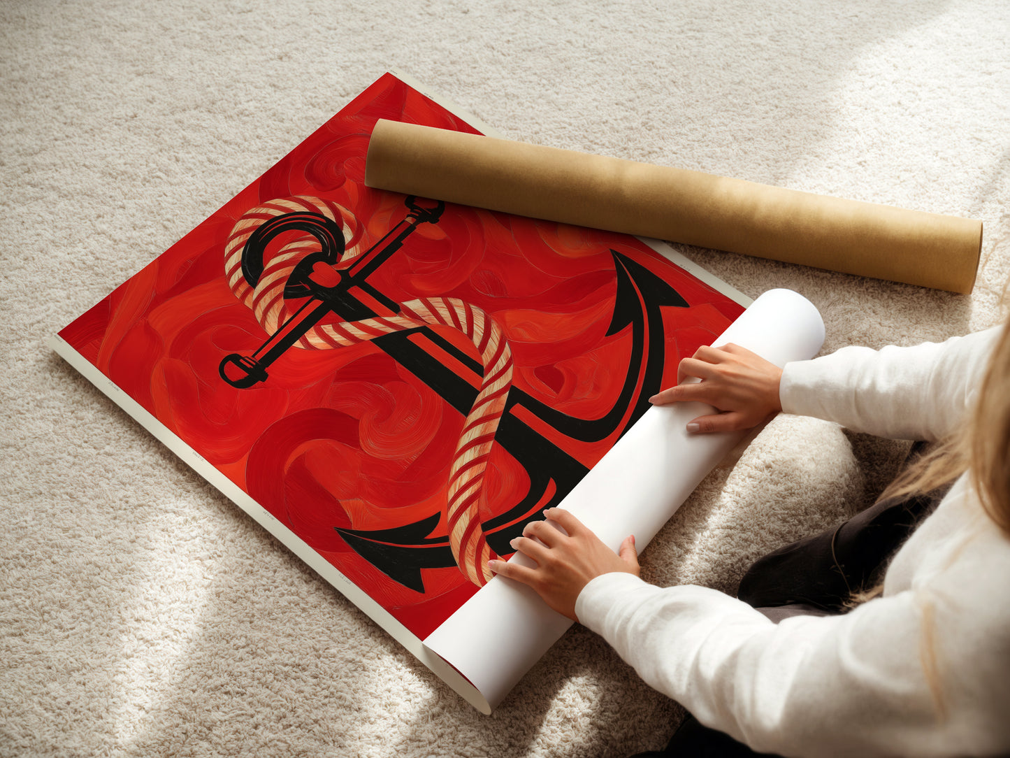 A woman is carefully rolling a fine art poster paper featuring a Nautical Anchor. This red ocean artwork is ready to be framed. A perfect maritime decor option. This sailor gift is ideal for art lovers. The vintage anchor artwork will be a great addition to your collection.