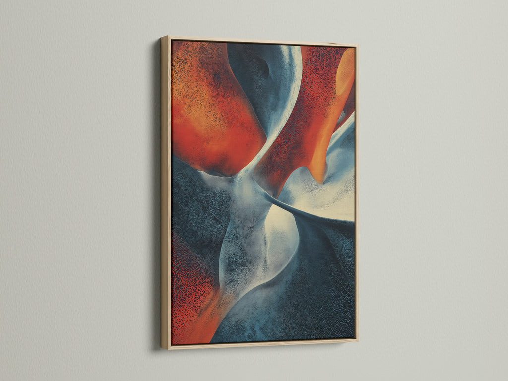 A framed art print with an oak frame is displayed. The artwork has abstract shapes in red white and blue. The oak frame complements the artwork. This framed artwork is perfect for any room. Enhance your home decor with this beautiful art piece. Shop now for oak framed art.