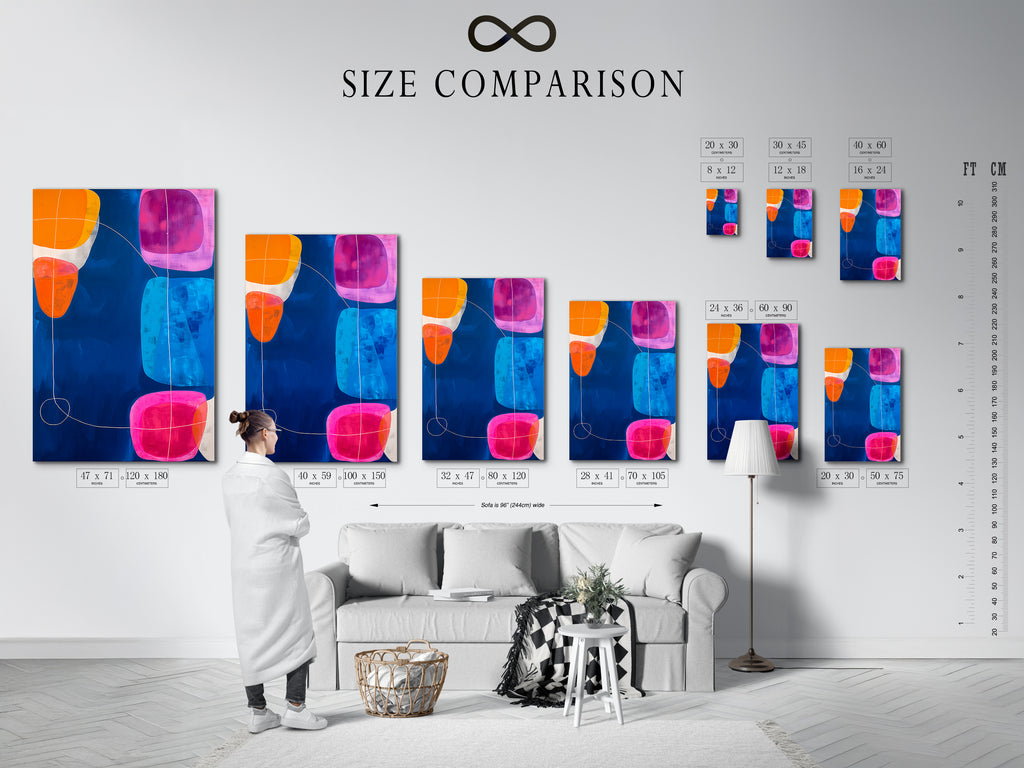 Size comparison chart of the abstract geometric canvas print. The chart shows the artwork in various sizes in an interior setting. Visualize the perfect fit for your living room or office wall decor. Find the ideal size for your modern canvas art