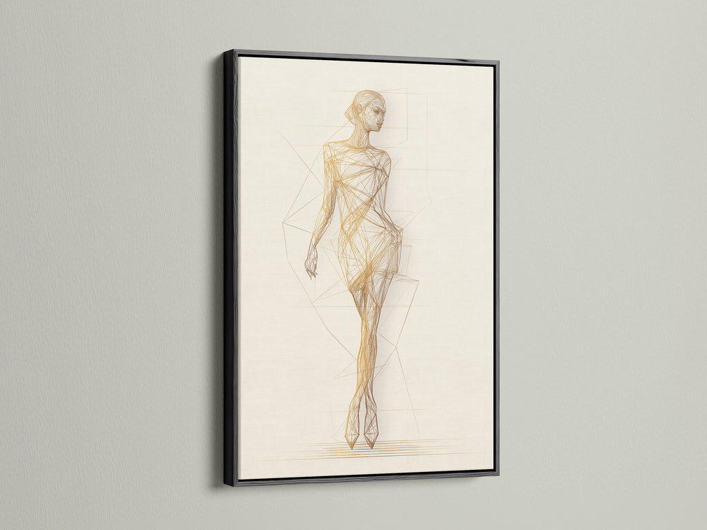 Ballet Dancer Art Print featuring a black frame on a white wall. This line drawing art is a modern touch to any space. It is a minimalist dance canvas print that elevates contemporary wall decor. Suitable for various settings including living rooms and offices.